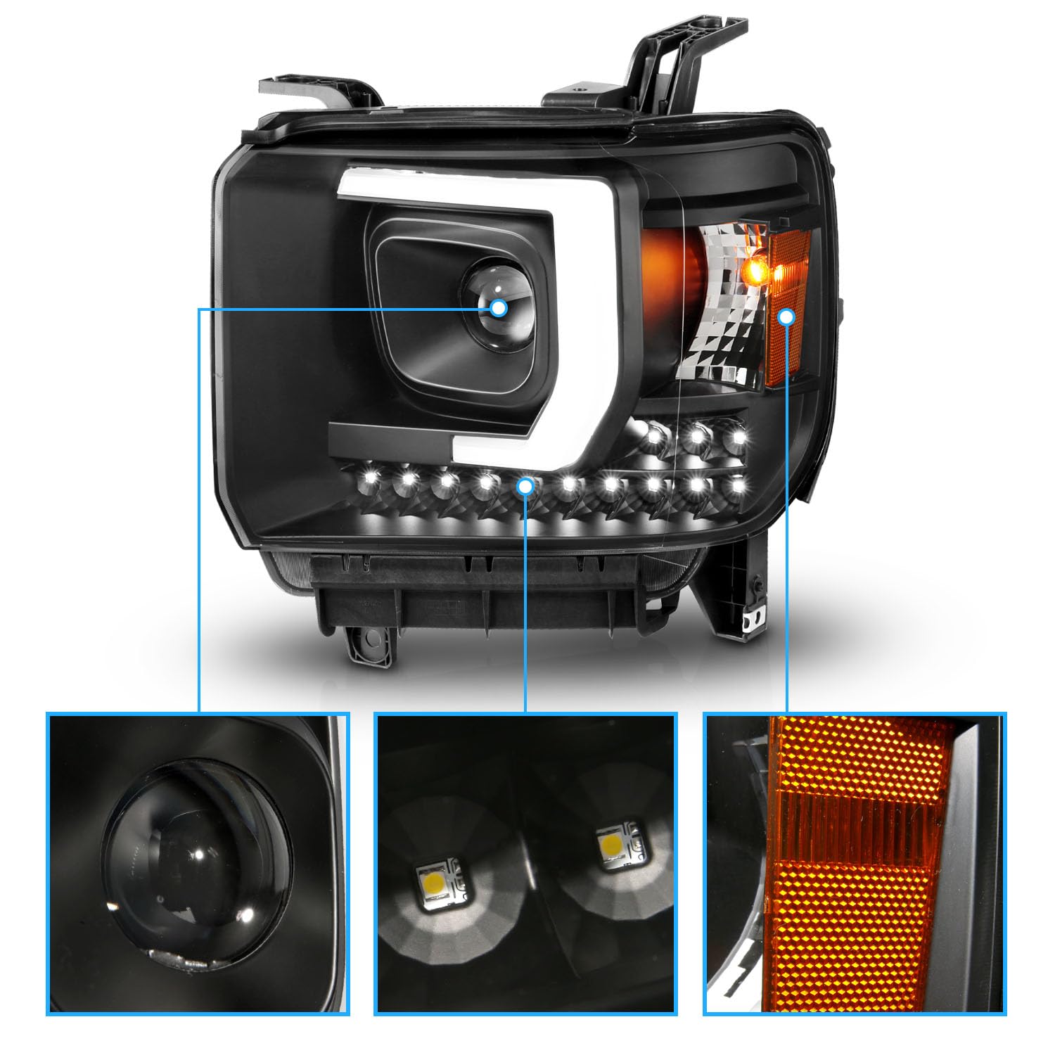 Amerilite Projector Halogen Headlights Led Drl Bar For Gmc Sierra 1500 2500Hd 3500Hd Pickup Truck Driver And Passenger Pair, Vehicle Light Assembly, Black