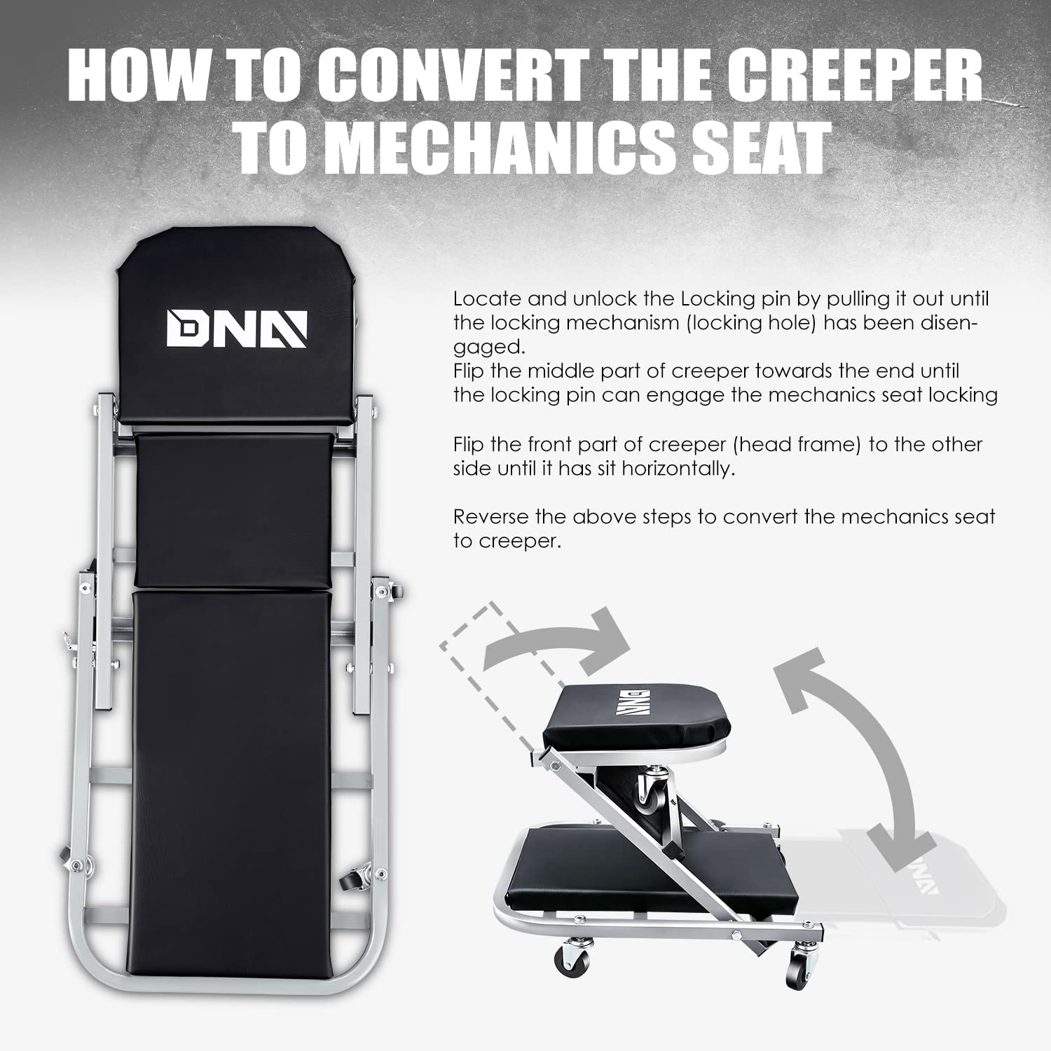 Dna Motoring Tools-00187 40 Inches 2 In 1 Rolling Folding Car Creeper/Seat, 6 Pcs 2'' Casters, 150Kg Weight Capacity, Gray