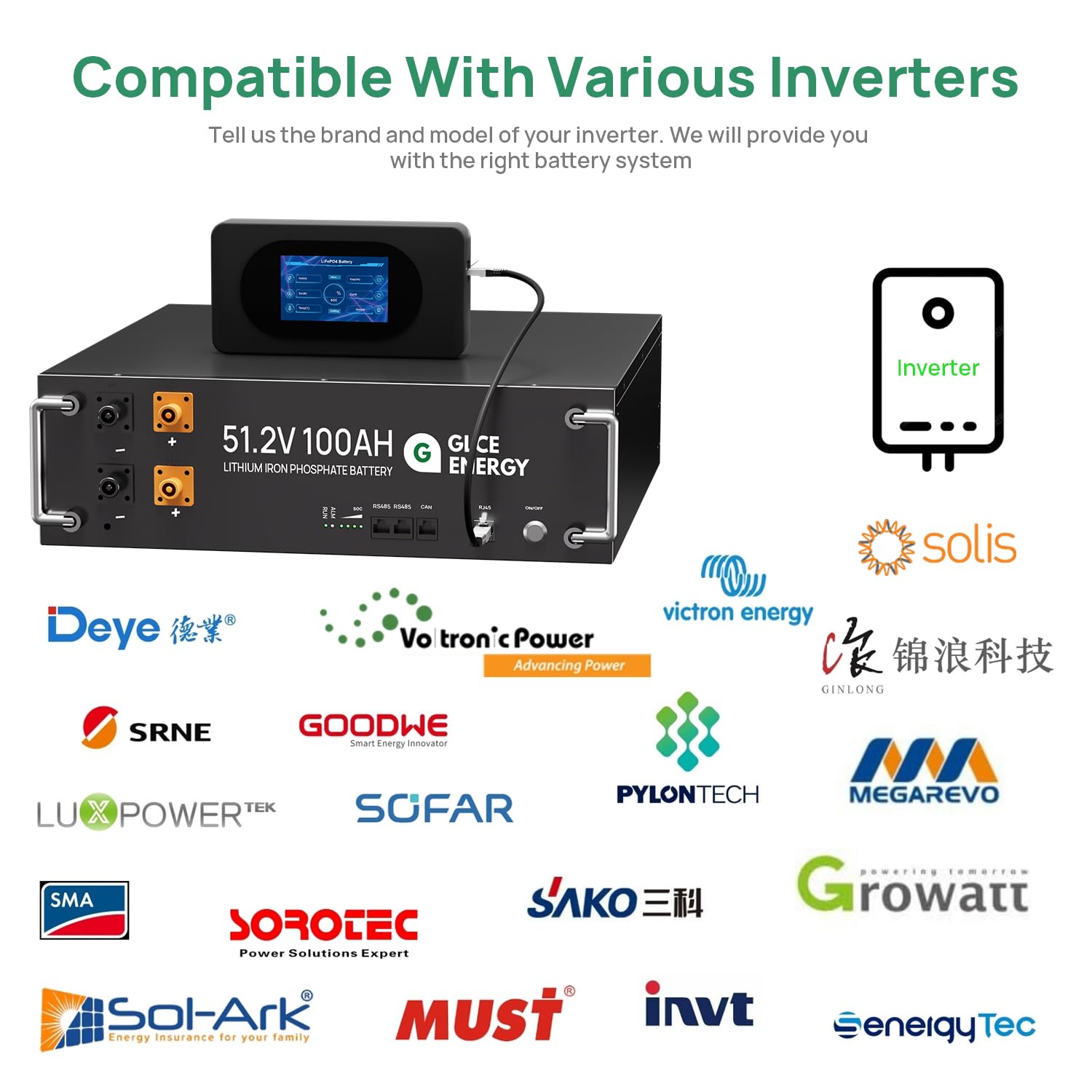 Glce Energy 48V 200Ah Lifepo4 Lithium Battery, Grade A Cells, With Touch Monitor, Max 10.24Kw Power Output, 4000~15000 Deep Cycl