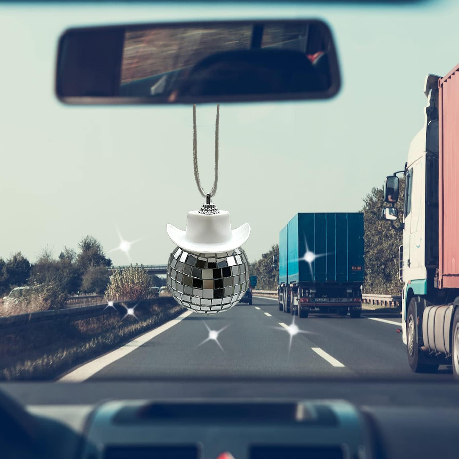 Spansee White Car Accessories, Disco Ball Cowboy Hat, Automotive Interior Accessories, Charm For Rear View Mirror