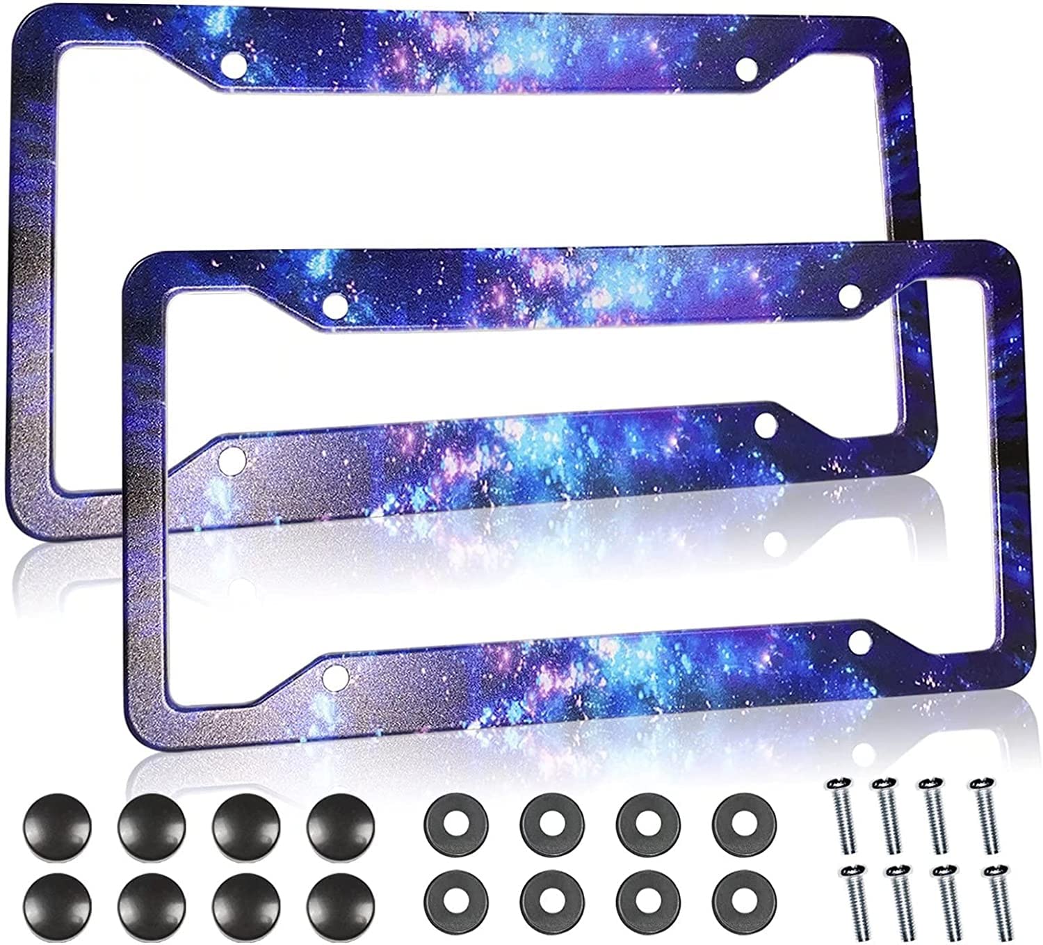 Galaxy License Plate Frame - 2 Pcs Set Quality Aluminum Metal Blue Purple Starry Sky Night Car Tag Holders 4 Holes For Us Canadi