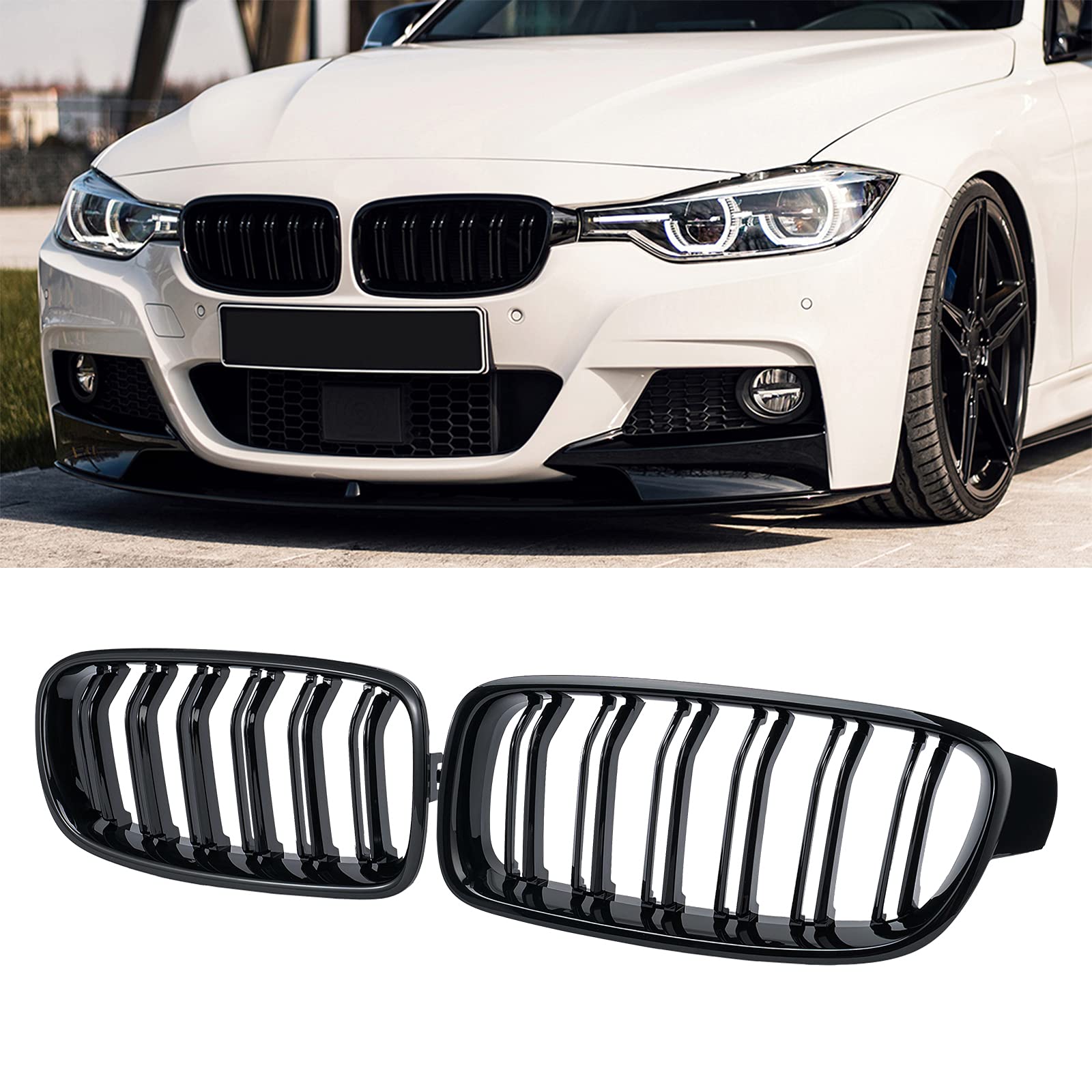 Dekewei Abs F30 Grill, Front Kidney Grille For 2012-2018 Bmw 3 Series F30 F31 (Double Slats Gloss Black Grills, 2Pcs)