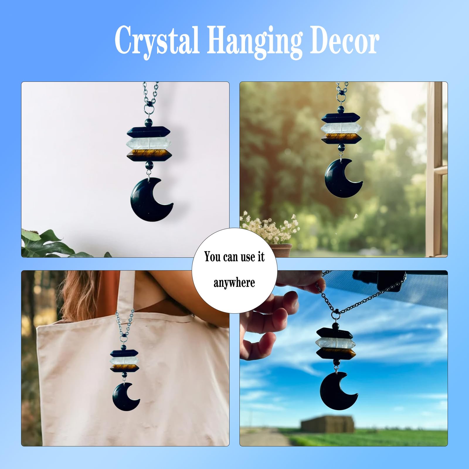 YTYAB Moon Crystal Hanging Car Charm - Boho Black Obsidian & Tiger Eye Sun Catcher for Rear View Mirror, Healing Stones Decor, One Size