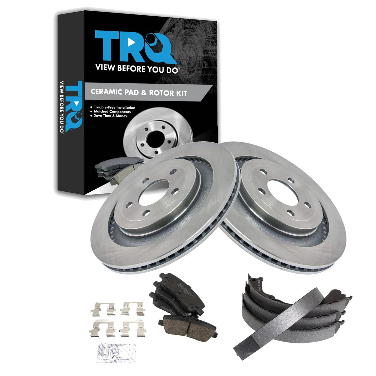 Trq Rear Brake Pad & Rotor Kit Brake Pads Brake Rotor Parking Brake Shoe Set Ceramic Compatible With 2015-2020 Ford Mustang