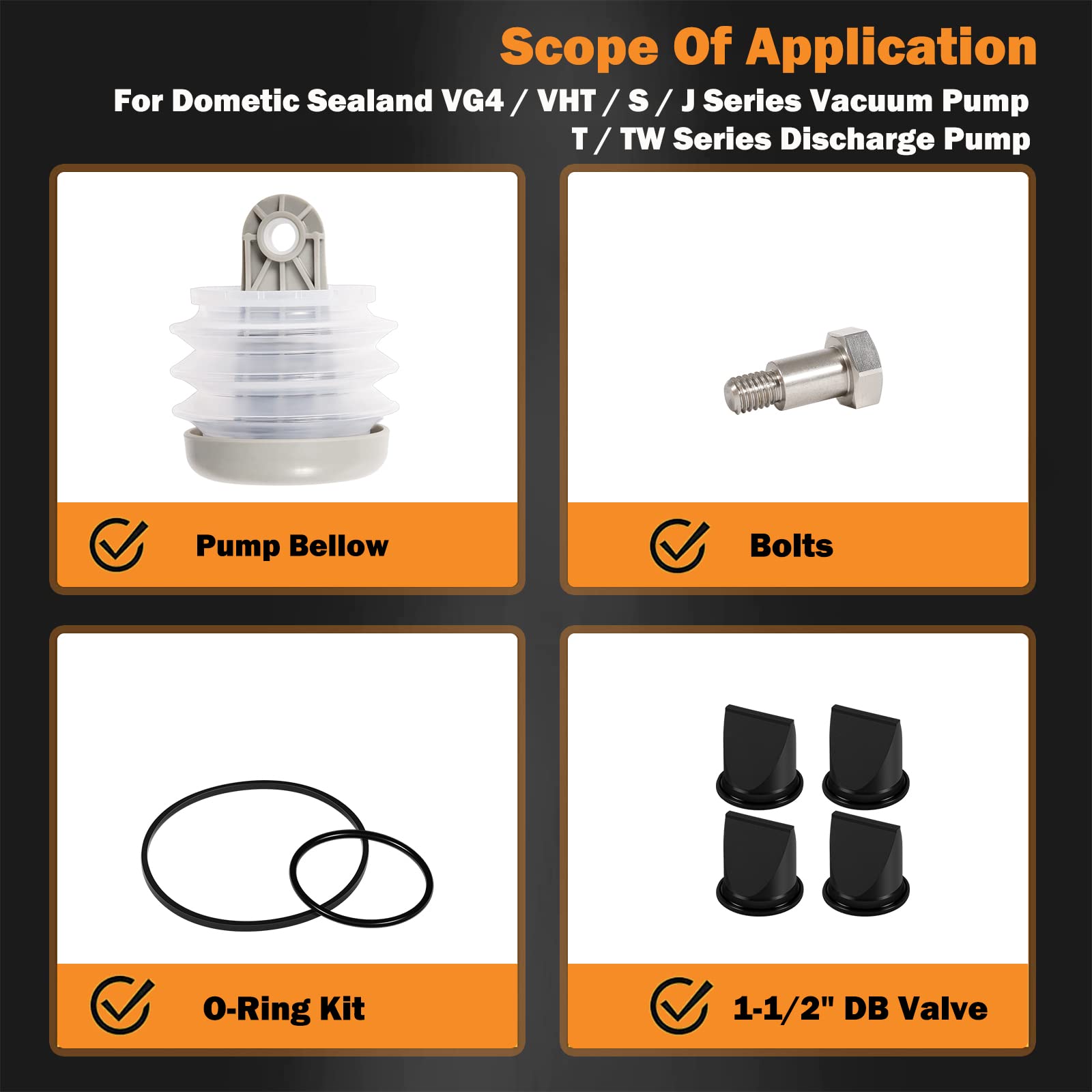 Fits For Dometic 385230980 Pump Bellow Kit & 4 Pack 385310076 Db Valve 1-1/2' Black Duckbill Valve Kit & 2Pack 385310151 O-Ring Kit Replace For Dometic S, T, J, Vht, And Vg Series Vacuum Pump Kit