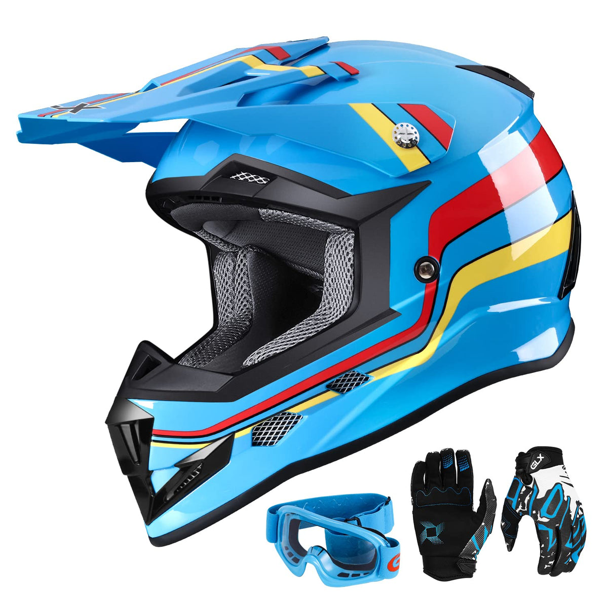 Glx Gx623 Youth Atv/Dirt Bike Helmet Combo - Retro Blue, Medium - Dot