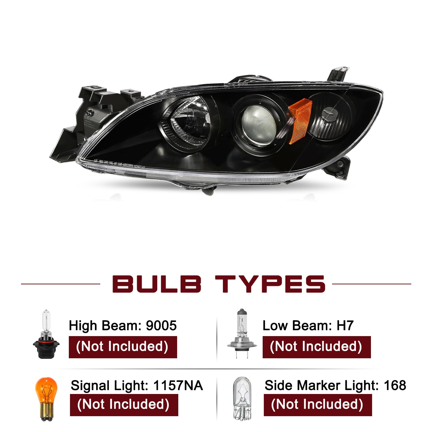 Jsboyat Halogen Headlight Assembly Compatible With 2004-2009 Mazda 3 Sedan 4-Door Driver And Passenger Side Black Housing With Amber Reflector