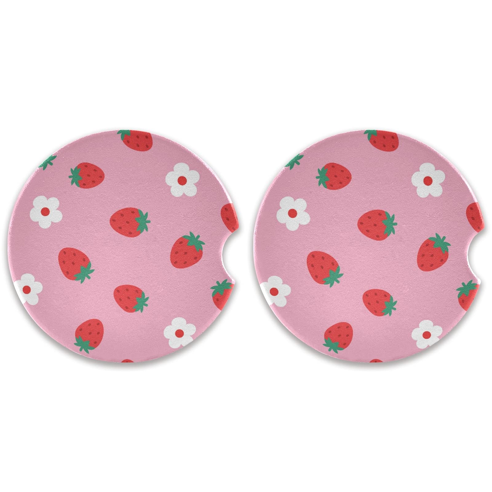 Susiyo Car Coasters 2 Pack, 2.5Inch Absorbent Ceramic Coaster For Cup Holder (Strawberry)