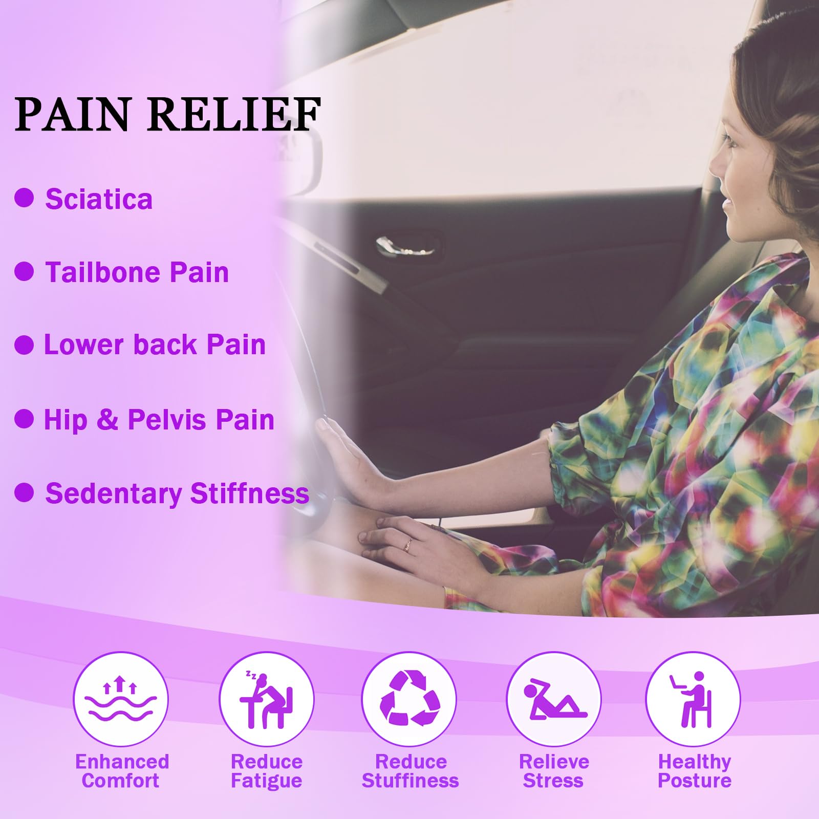 Binsheo Gel Seat Cushion For Car Seat, Office Chair, Wheelchair, Golf Cart - Non-Slip Car Seat Cushions With 1 Inch Gel - Sciati