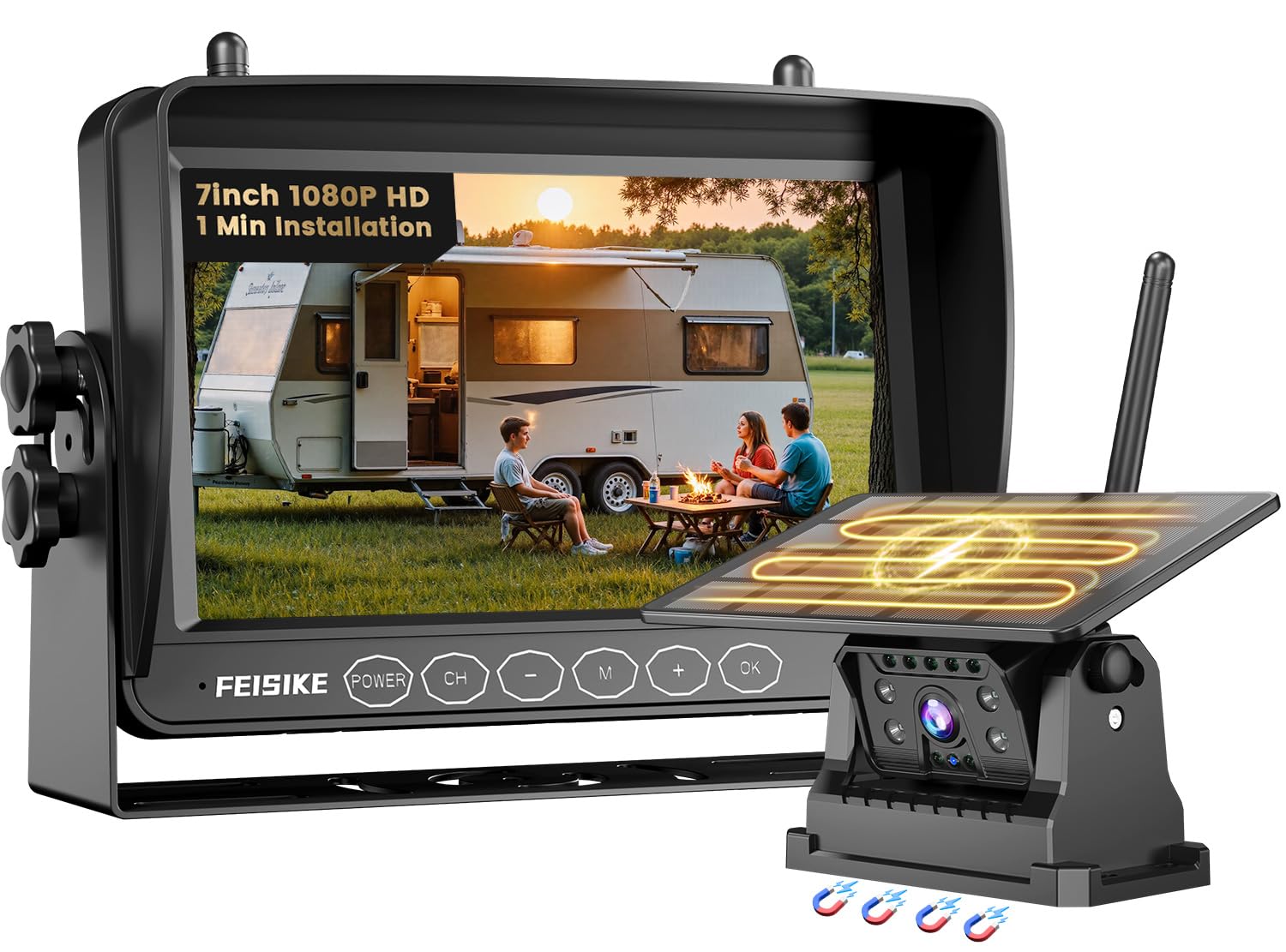 Magnetic Solar Wireless Backup Camera for RV Truck Trailer - 7 1080P Monitor, 1-Min Install, No Delay, 150 Rearview Camera, IR N