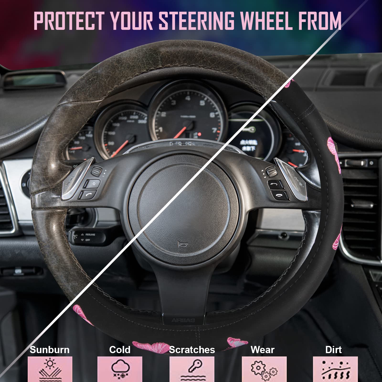 Car Pass Pink Embroidery Butterfly Steering Wheel Cover, Universal 15 Inch Car Wheel Cover For Women Girls, Fit For Suvs,Trucks,