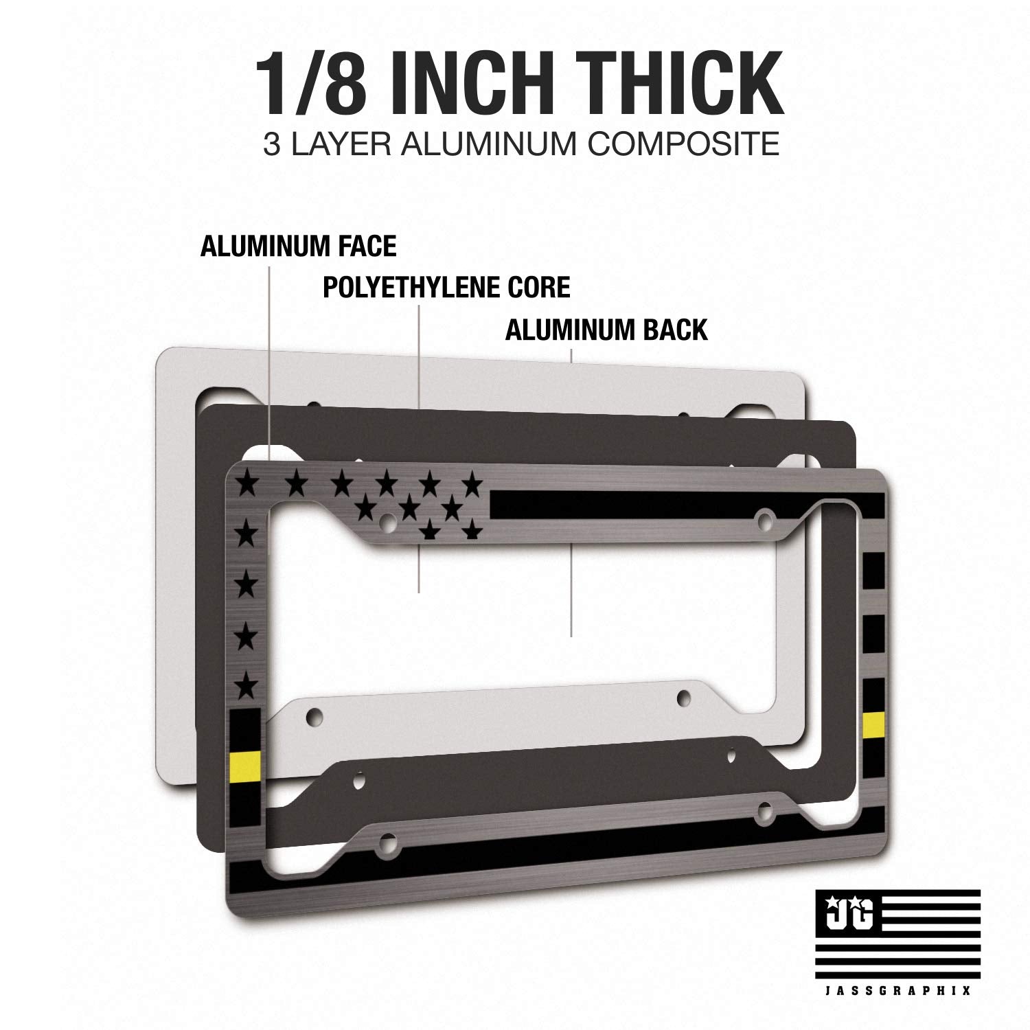 JASS GRAPHIX American Flag License Plate Frame - Thin Yellow Line - Brushed Aluminum Car Tag Frame for Tow Truck Drivers
