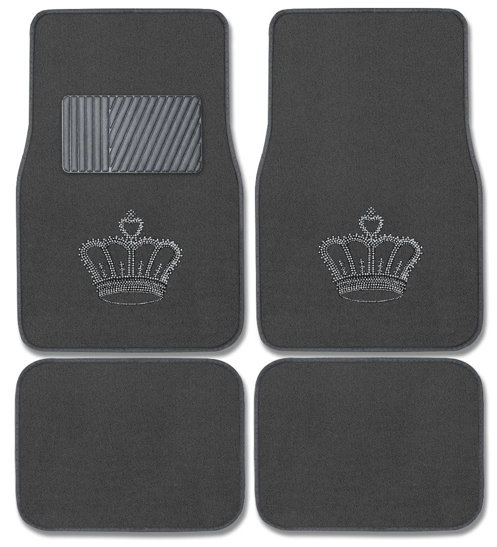 Carscover King Crown Crystal Diamond Bling Rhinestone Studded Carpet Car Suv Truck Floor Mats 4 Pcs - Charcoal