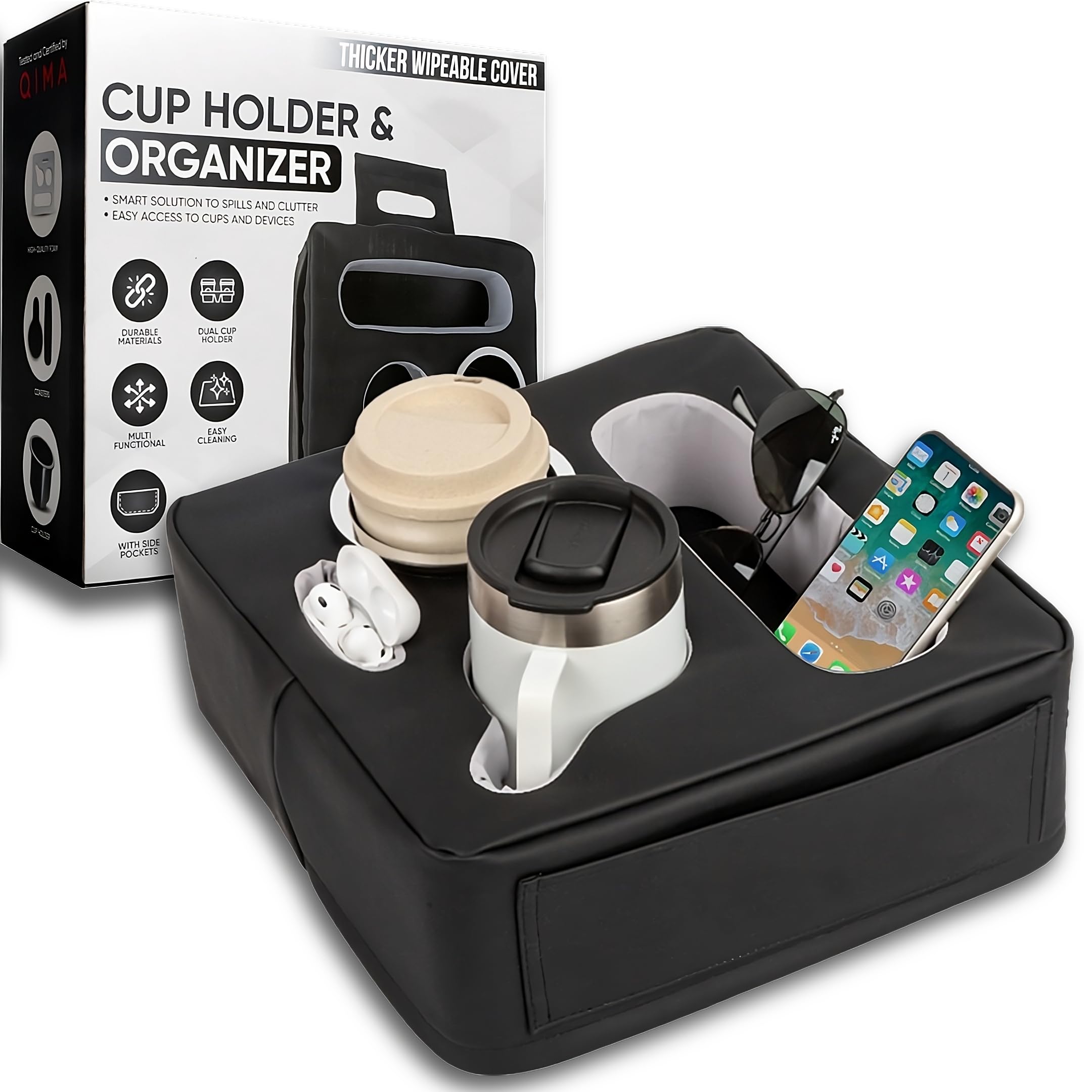 Premium Couch Cup Holder Tray - 5-in-1 Faux Leather Console Caddy for Couch, Bed, Car & RV - Non-Slip, Spill-Resistant Organizer