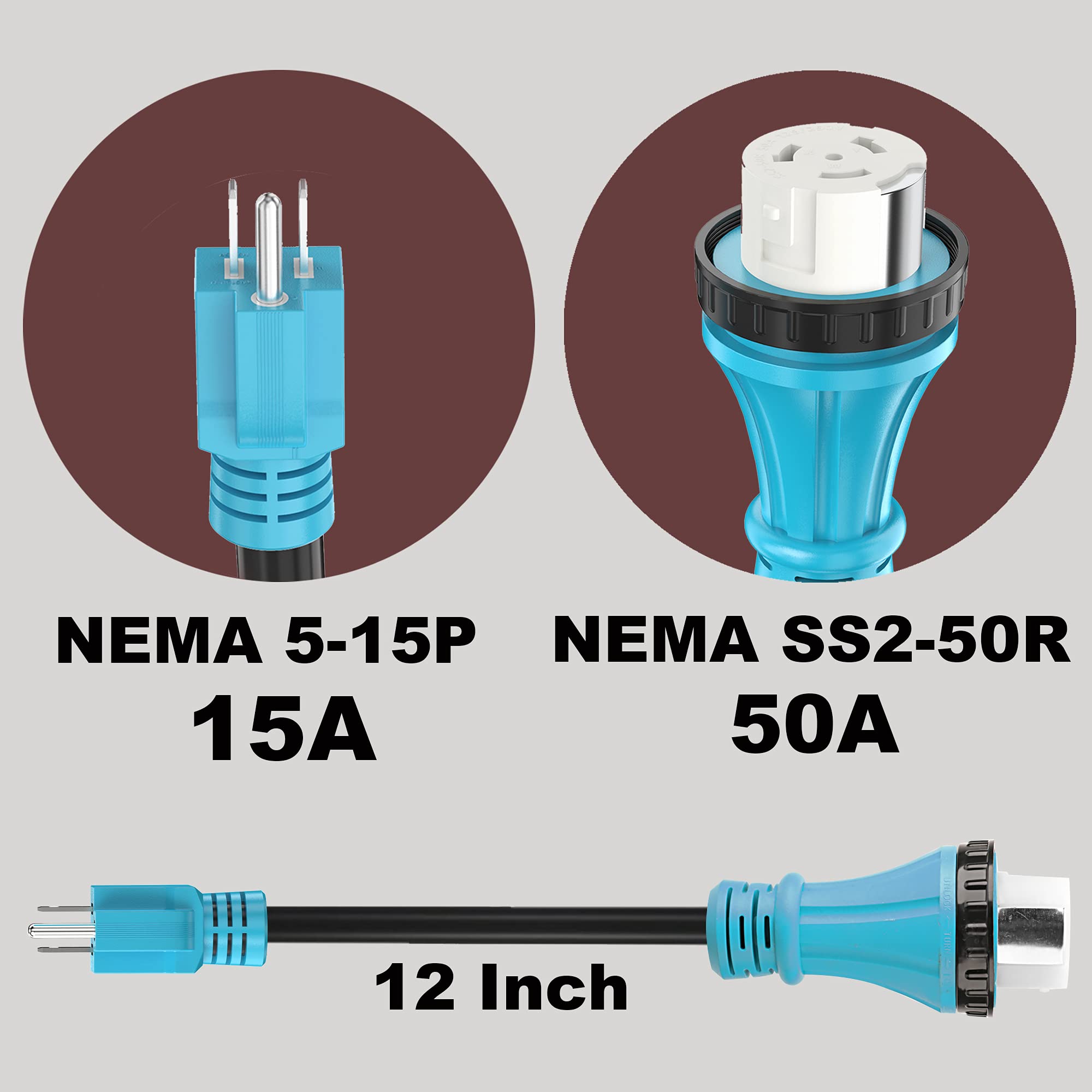 Circlecord 50 Amp To 15 Amp 110 Volt Rv Adapter Cord With Locking Connector, Nema 5-15P Male To Ss2-50R Twist Lock Female Electrical Power Dogbone, Stw 10 Gauge For Rv Trailer Camper, Etl Listed