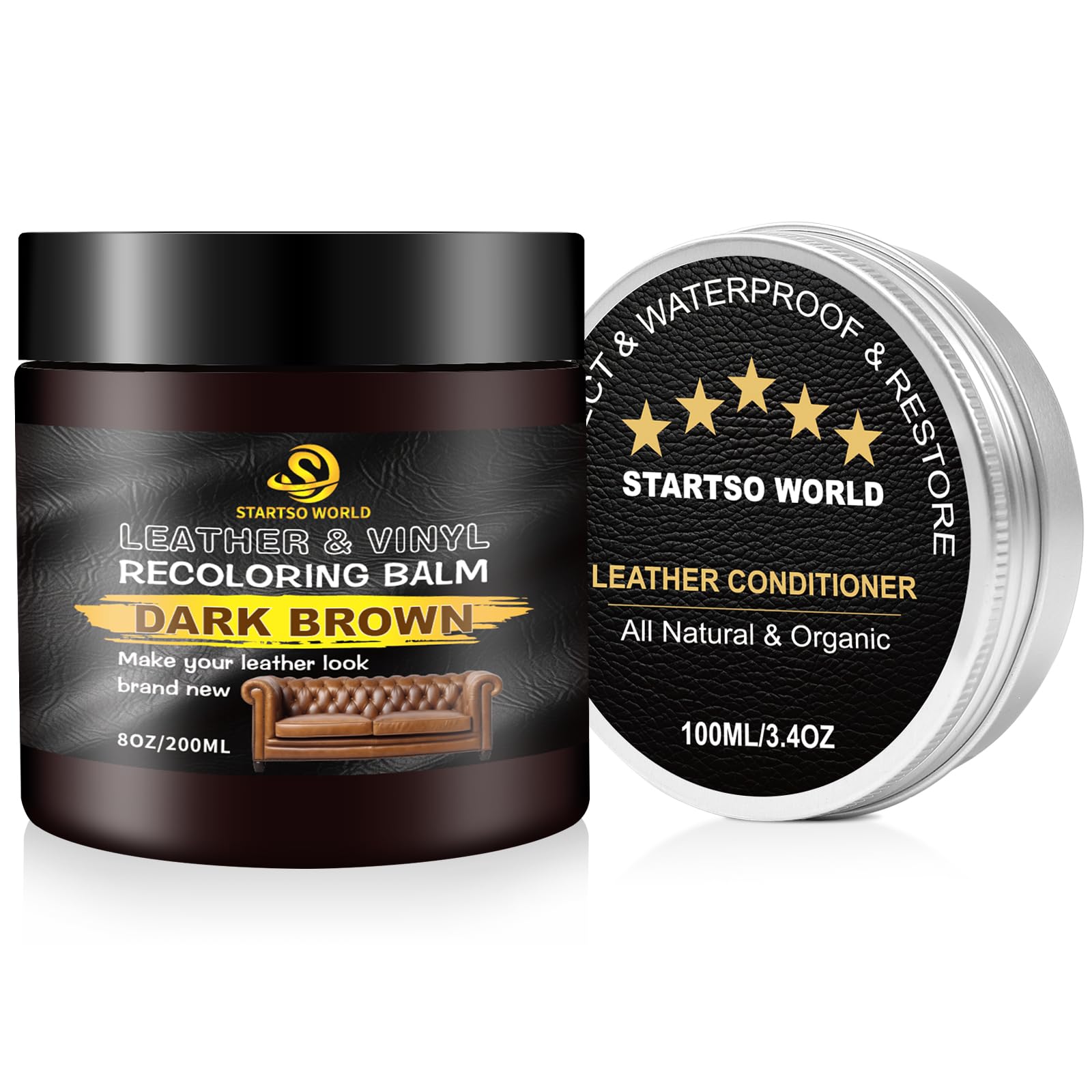 Startso World 200Ml Leather Recoloring Balm With 100Ml Leather Conditioner, Dark Brown Leather Repair Kit For Furniture, Leather