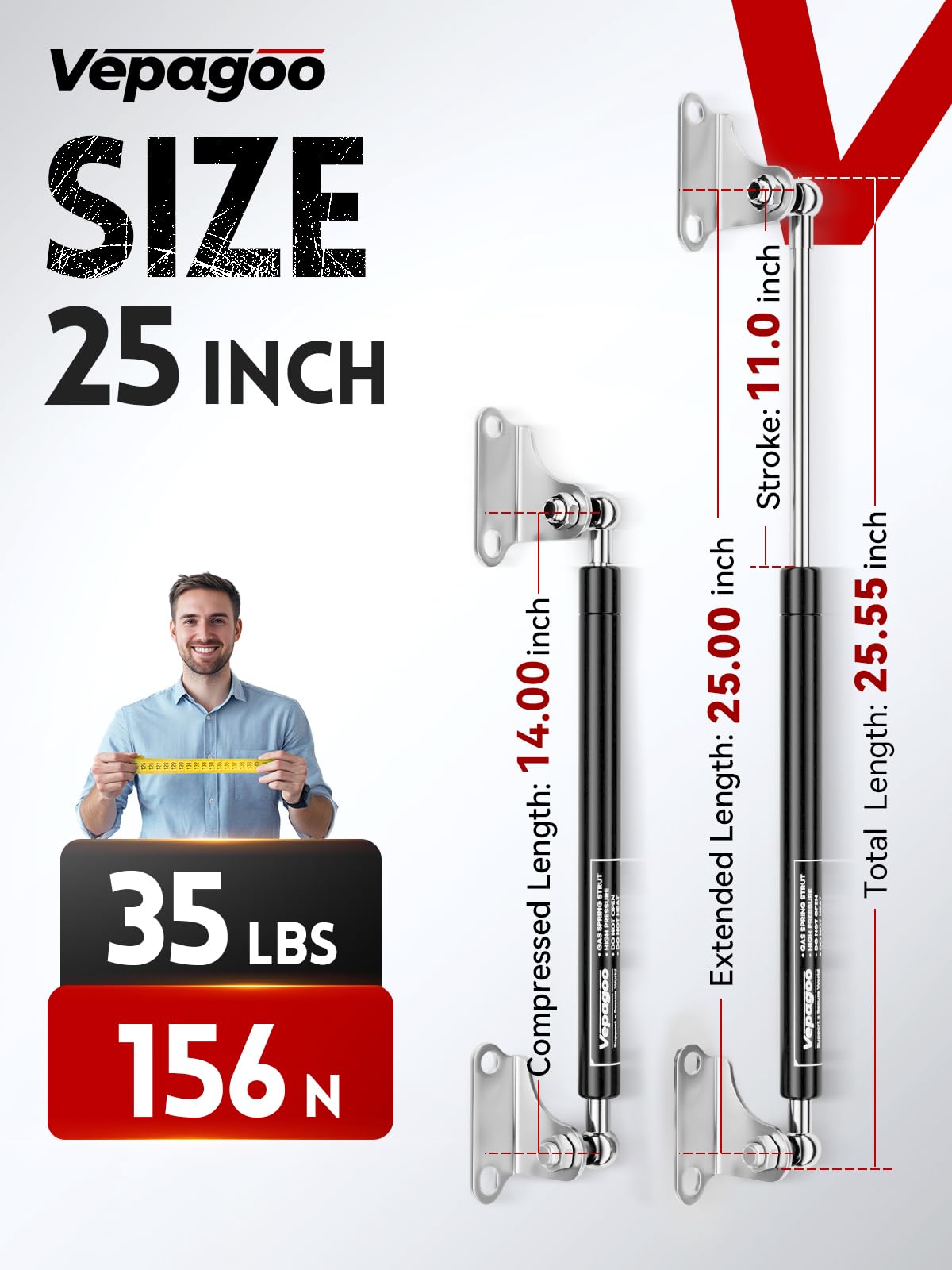 Vepagoo Gas Struts 25 Inch 35Lb/156N Shock With Mounting Brackets, Rv Bed Storage Door Lift Support Springs (Fit 28Lb-39Lb Lid),