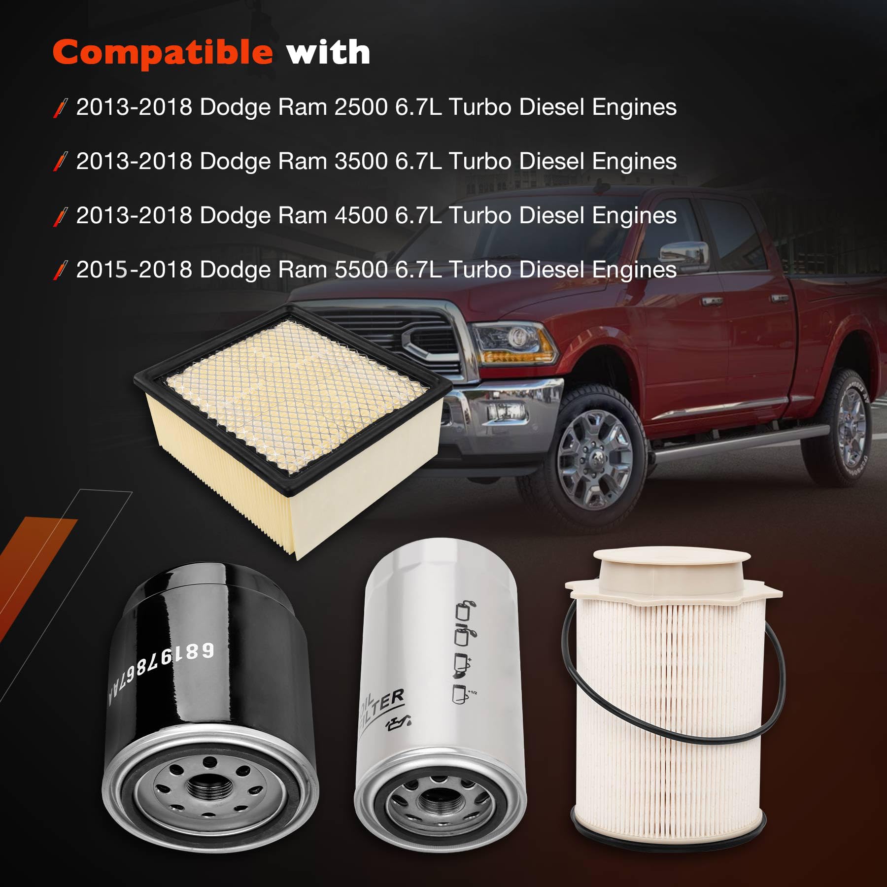 6.7L Cummins Diesel Filter Kit Compatible With 2013-2018 Dodge Ram 2500 3500 4500 5500 Engine Fuel Filter Water Separator And Oi
