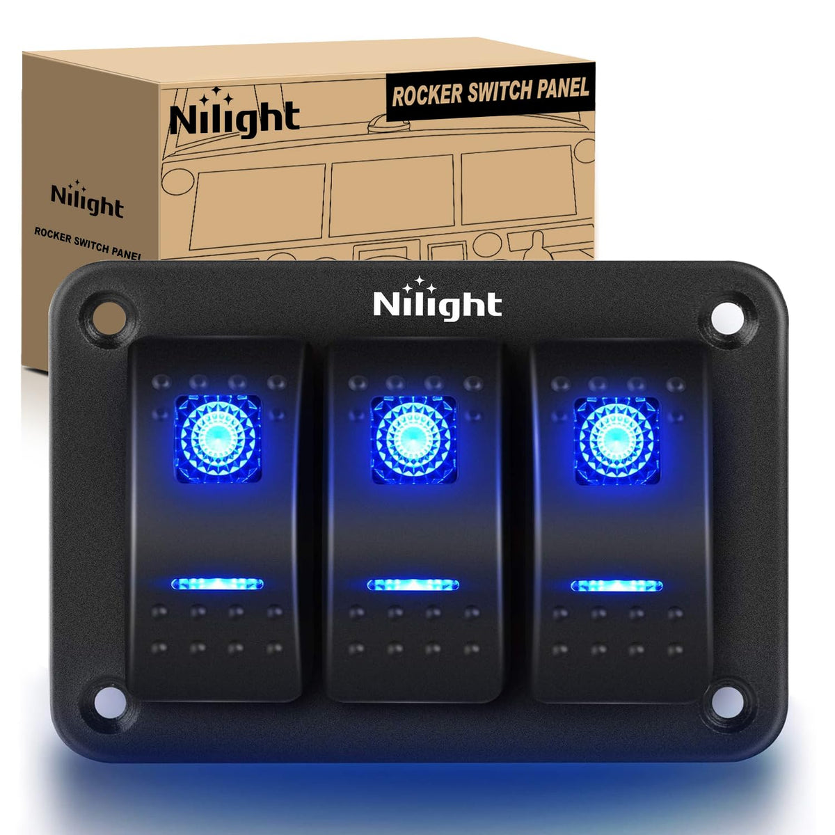 Nilight 90017C 3 Gang Aluminum Panel Toggle Dash 5 Pin On/Off Pre-Wired Rocker Switch Holder for Automotive Car Marine Boat, 2 Y