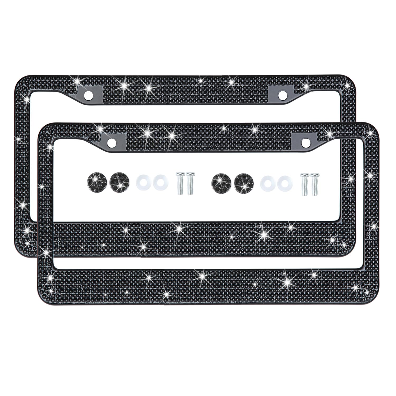Tzarrot Black Bling License Plate Frame For Women Men, 2 Pack Black Rhinestone Diamond License Plate Frame, Glass Crystal Black