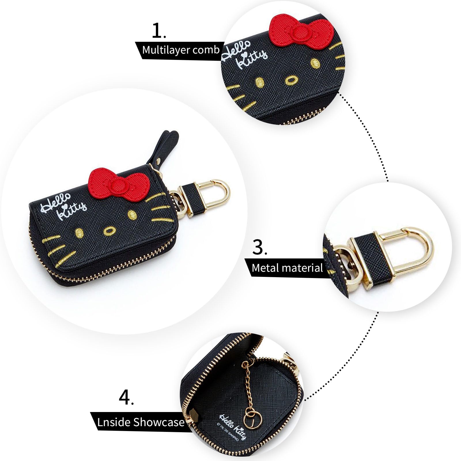 Cartoon Cute Car Remote Key Case,Pu Leather Car Key Holder Ring Box,Metal Hook Zipper Embroidered Bag,Wristlet Keychain Key Case