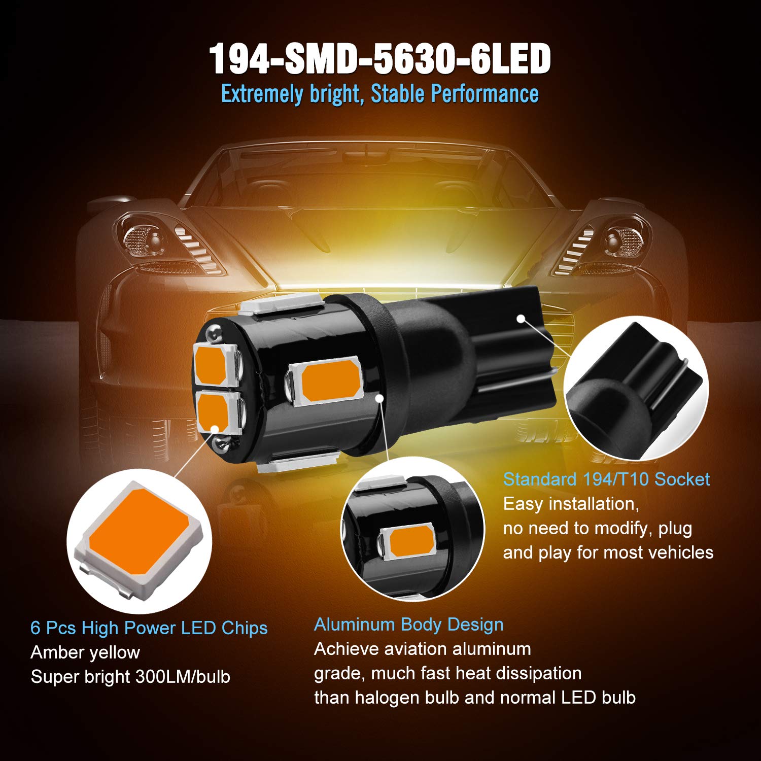 Brishine 194 Led Bulbs Extremely Bright Amber Yellow 5630 Chipsets 168 2825 175 T10 W5W Led Replacement Bulbs For Car Interior M