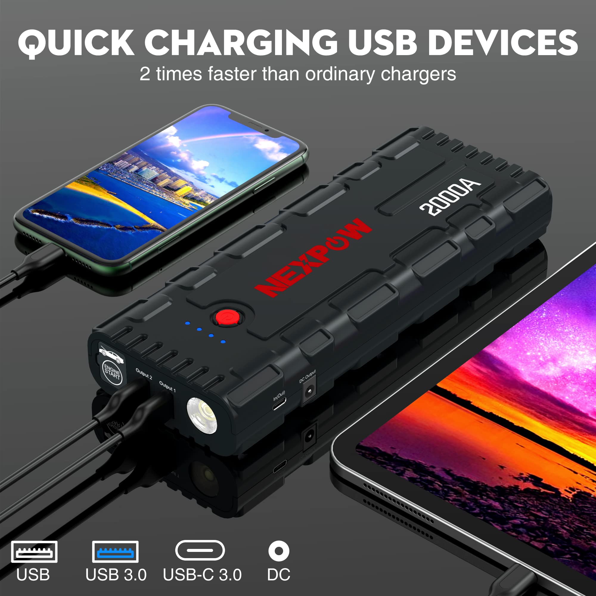 Nexpow 2000A Battery Jumper Starter Portable, 12V Car Jump Starter, Auto Battery Booster, Lithium Jump Box With Led Light/Usb Qu