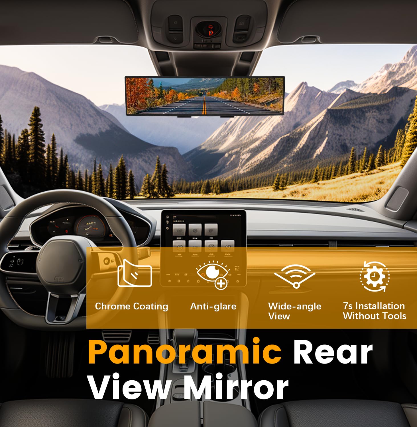Hmmtyrack Rear View Mirror, Chrome Anti-Glare Panoramic Rear Mirrors Universal 12 Inch Convex Car Interior Clip On Extra Big Wid