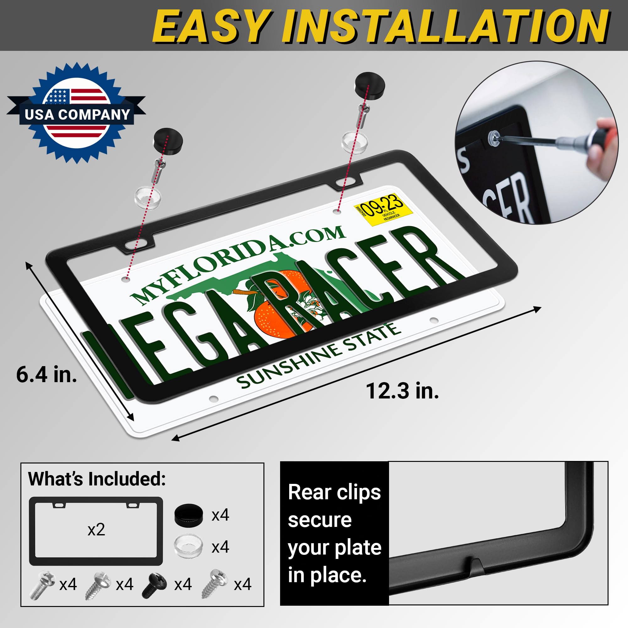 Slim Matte Black License Plate Frames | 2 Pack | Thin Metal Car Plate Frames | Cool Licence Plate Holder For Men Women | Front R