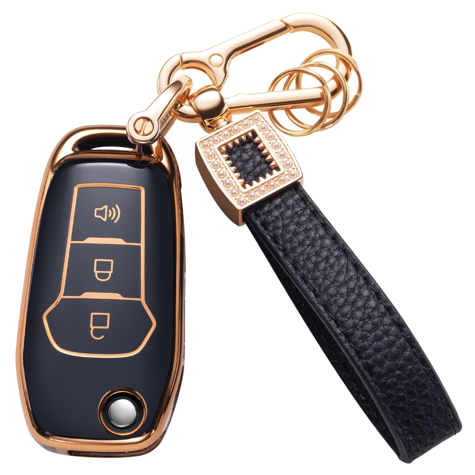 CACARLIKE for Ford Key Fob Cover with Leather Lanyard, Car Key Fob Case Compatible with Ford F150 F250 F350 F450 F550 Explorer R