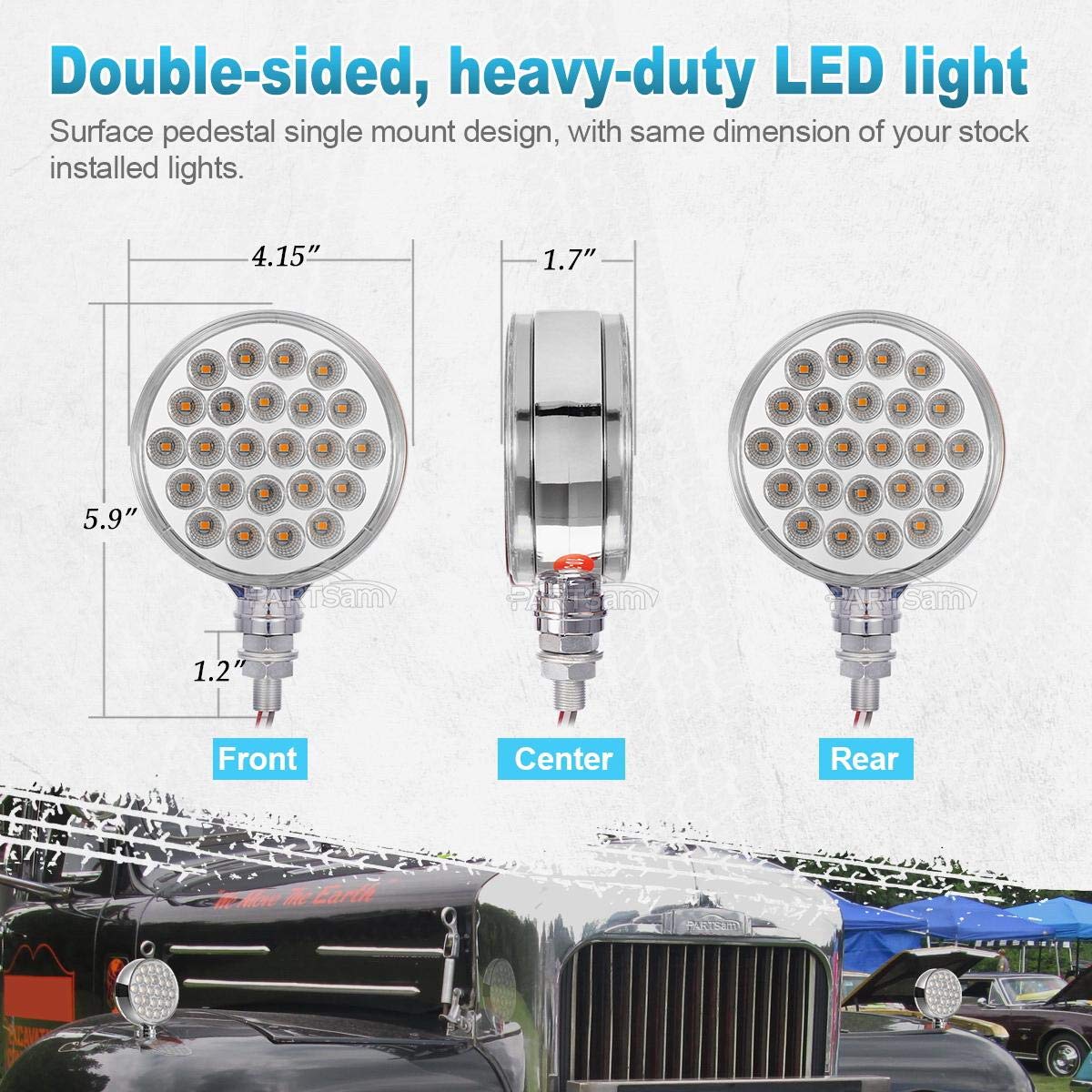 Partsam 2Pcs Double Face Round Led Pedestal Lights Fender Stop Turn Signal Tail Brake Lights Clear Lens 48 Led Post Mount Semi T