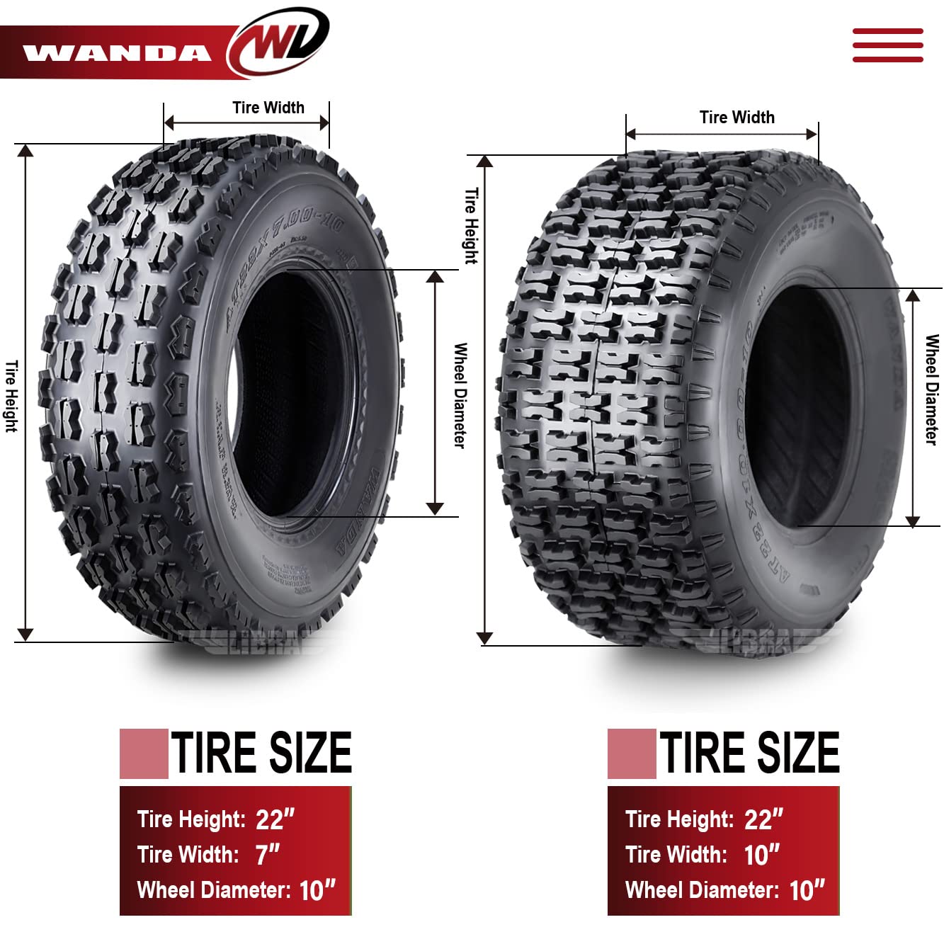 Wanda 22X7-10 & 22X10-10 Full Set Yamaha Timberwolf 250 Beartracker Sport Atv Tires
