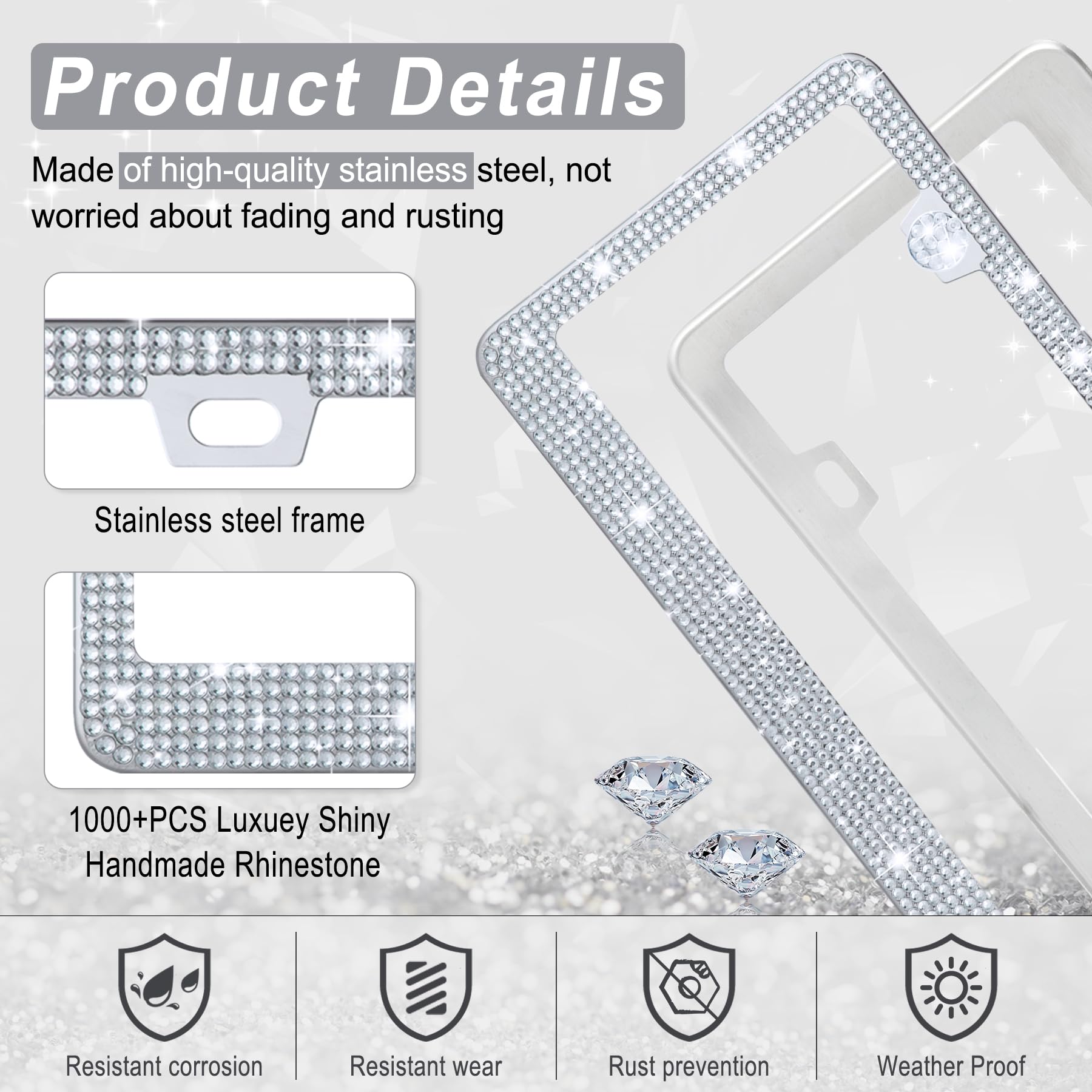 Amiss Bling License Plate Frame For Women, 1Pack Rhinestone Handcrafted Crystal Premium Stainless Steel, Stainless Steel Car Acc