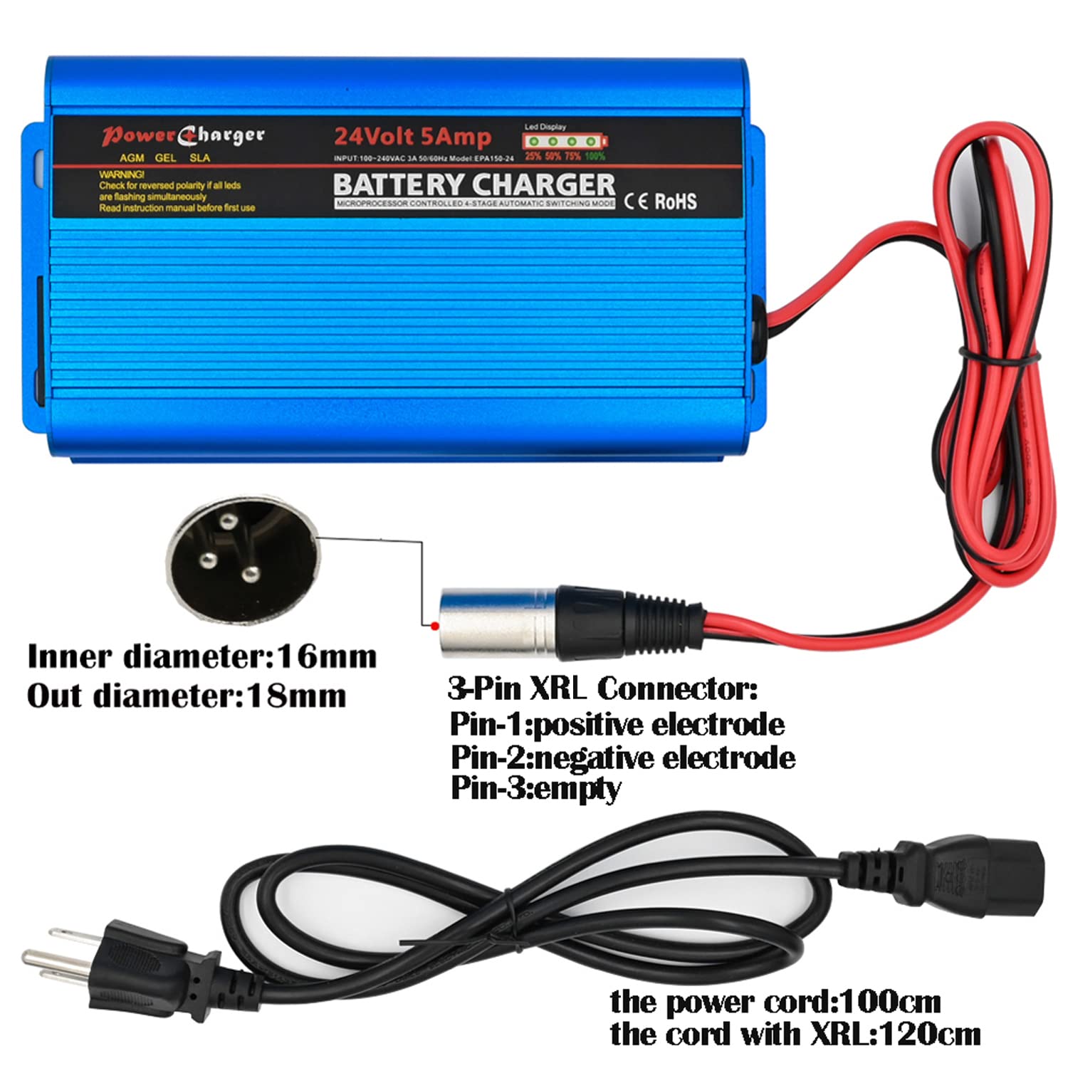 Unocho 24V Battery Charger Automatic Smart Charger 5A Trickle Charger And I/O Switch 3 Pin Xlr Connector Suitable For Charging Agm Gel Lead-Acid Batteries For Cars Wheelchairs Boats