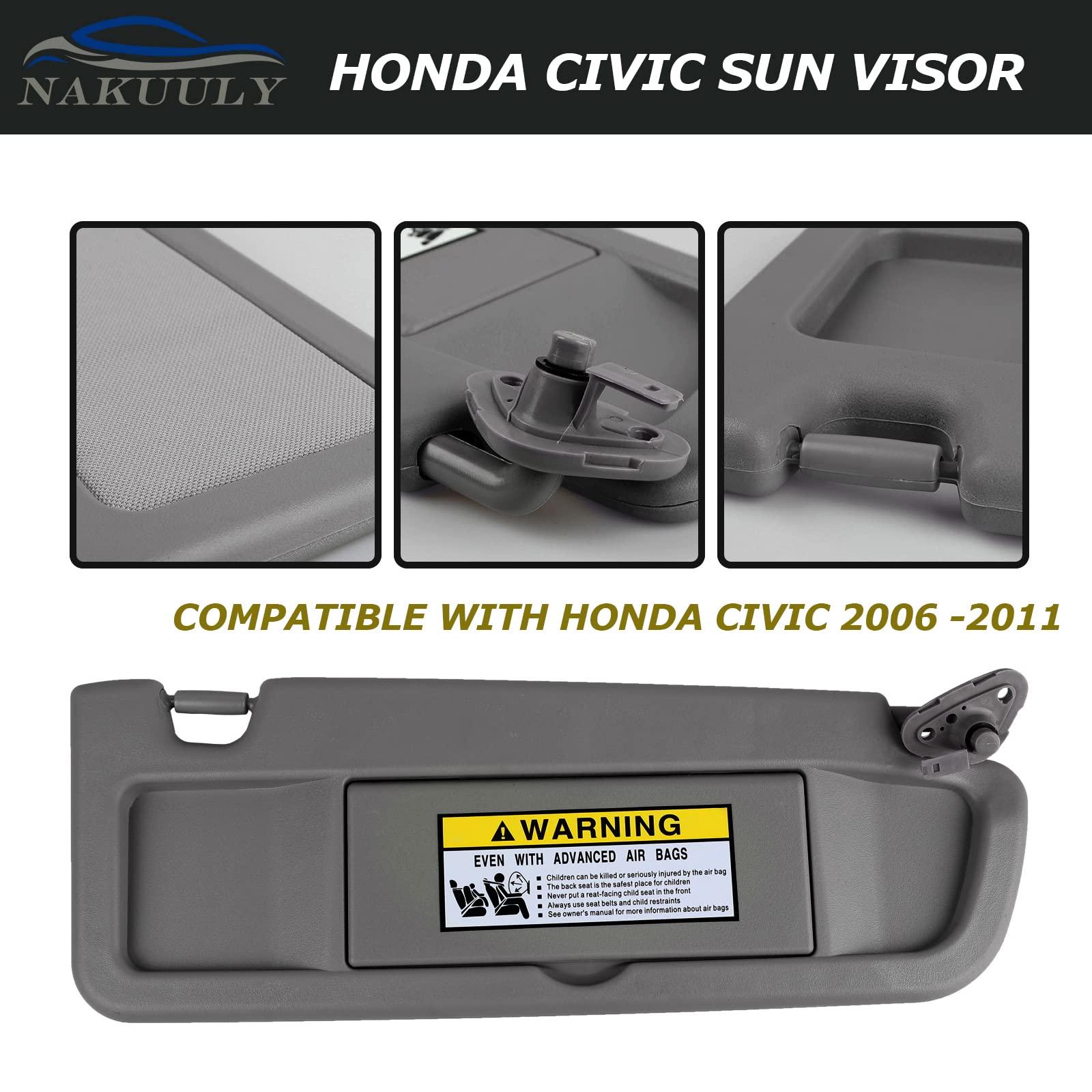 Nakuuly Left Driver and Right Passenger Side Sun Visor Atlas Gray Compatible with Honda Civic 2006 2007 2008 2009 2010 2011 Repl