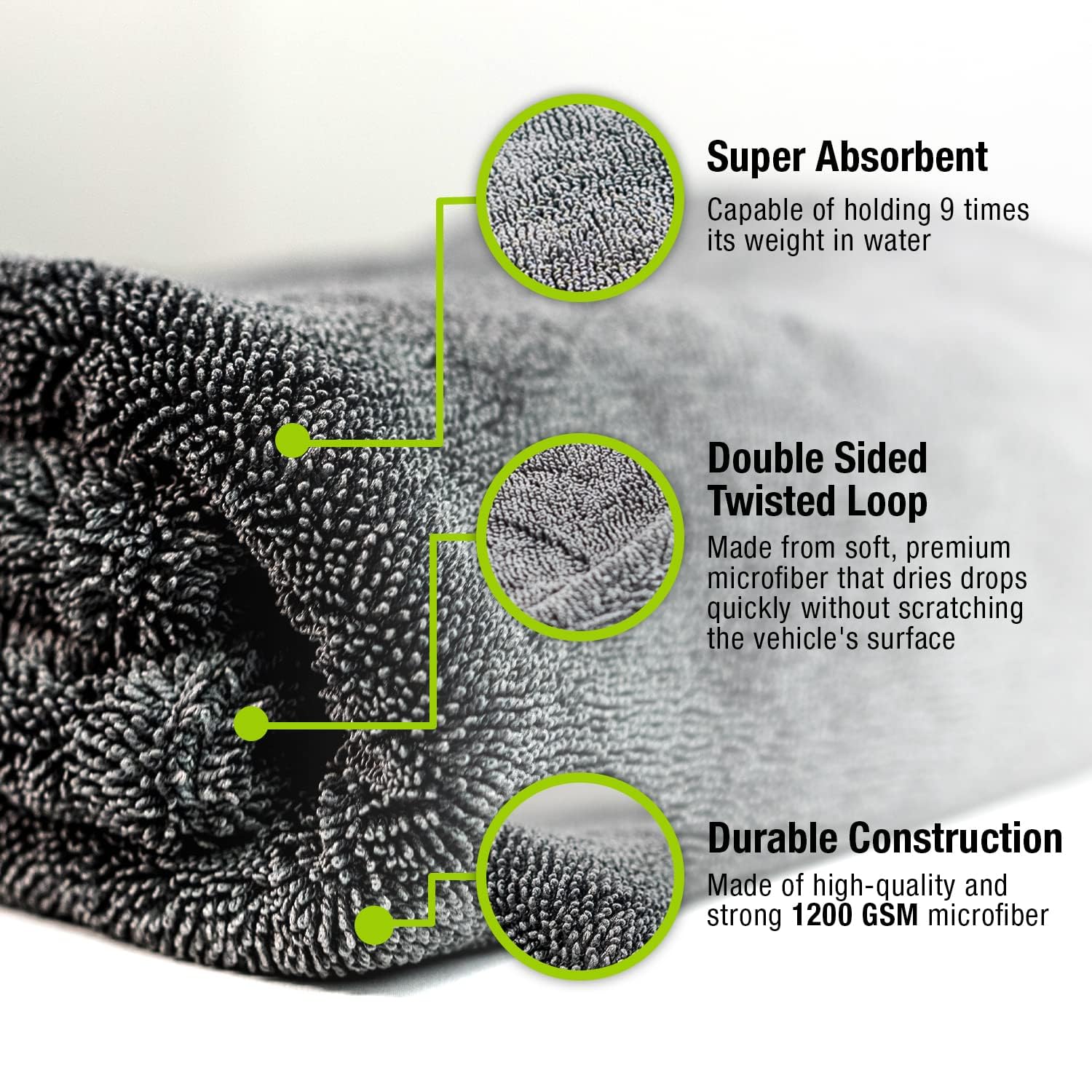 Exoforma Mega Car Drying Towel - Holds Up To 9 Lbs, No Streaks, Scratches, Or Water Spots | 1200 Gsm Microfiber Double Twist Pil