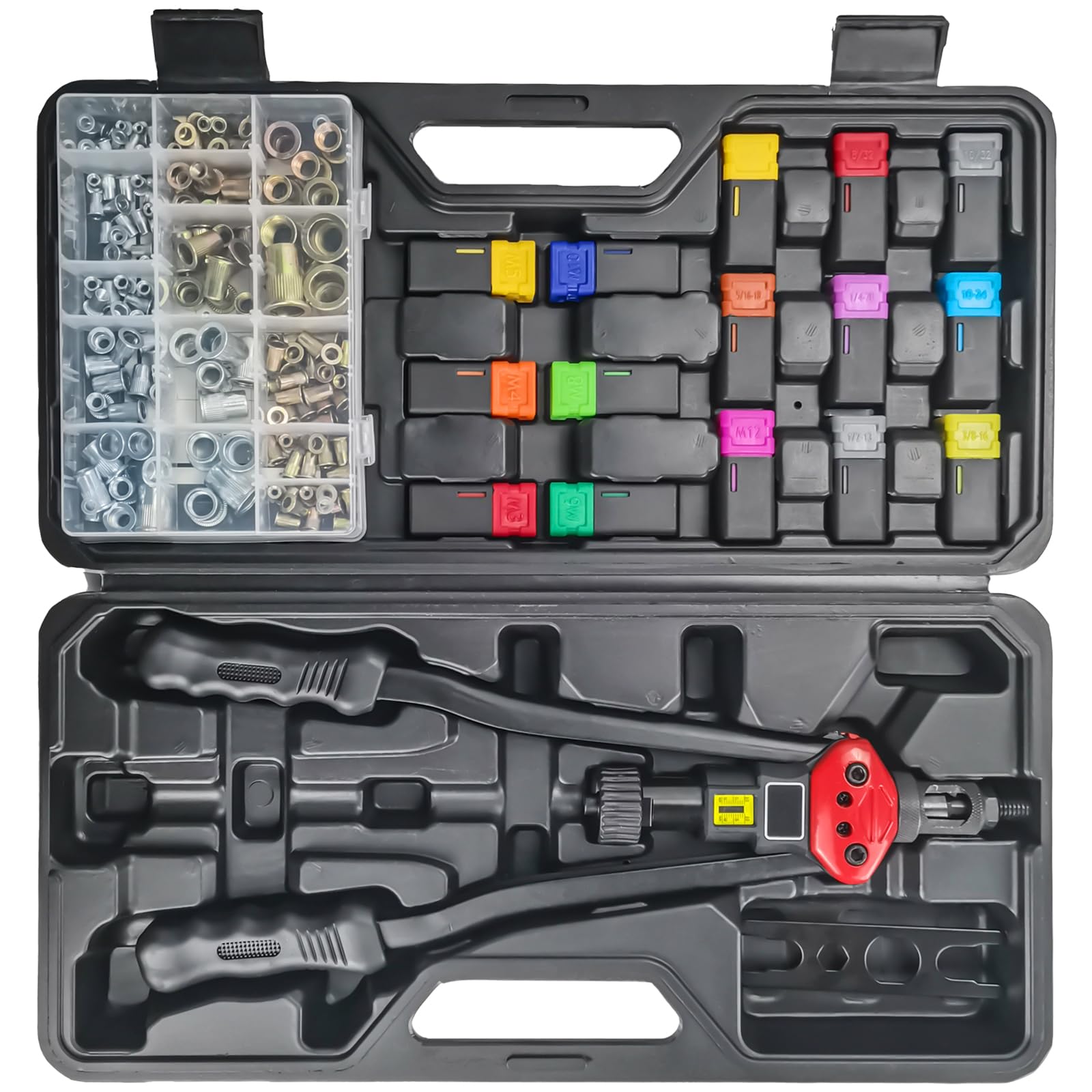 DKwoeshg 16 Professional Rivet Nut Tool Kit - Lever-Style Rivnut Tool with Visual Stroke Indicator, Nutsert Tool Kit Includes 15