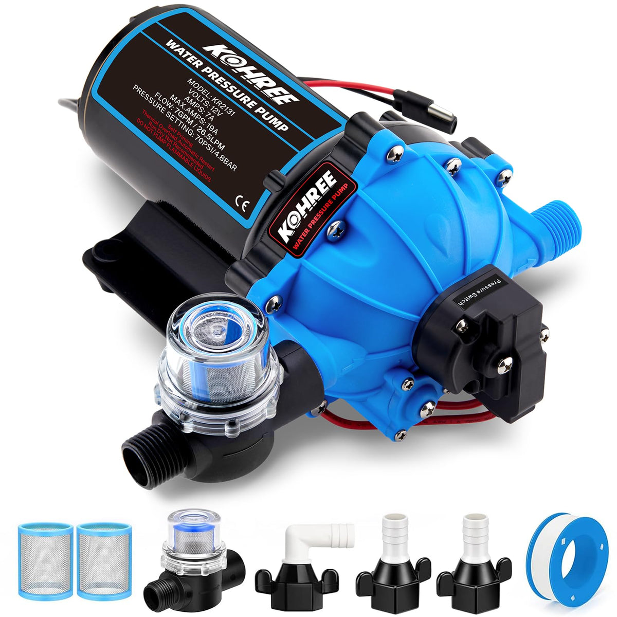Kohree RV Fresh Water Pump 7GPM 70PSI, 12V DC Water Pump, Upgraded Five Chamber Self-Priming Diaphragm Pump with Heavy Duty Pres
