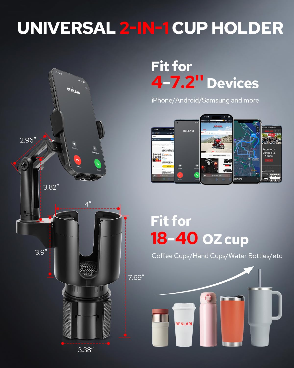 Benlari Upgraded Car Phone Holder - 2 in 1 Adjustable Cup Holder Expander Support 360 Degree Rotation - Car Cup Holder Phone Mou