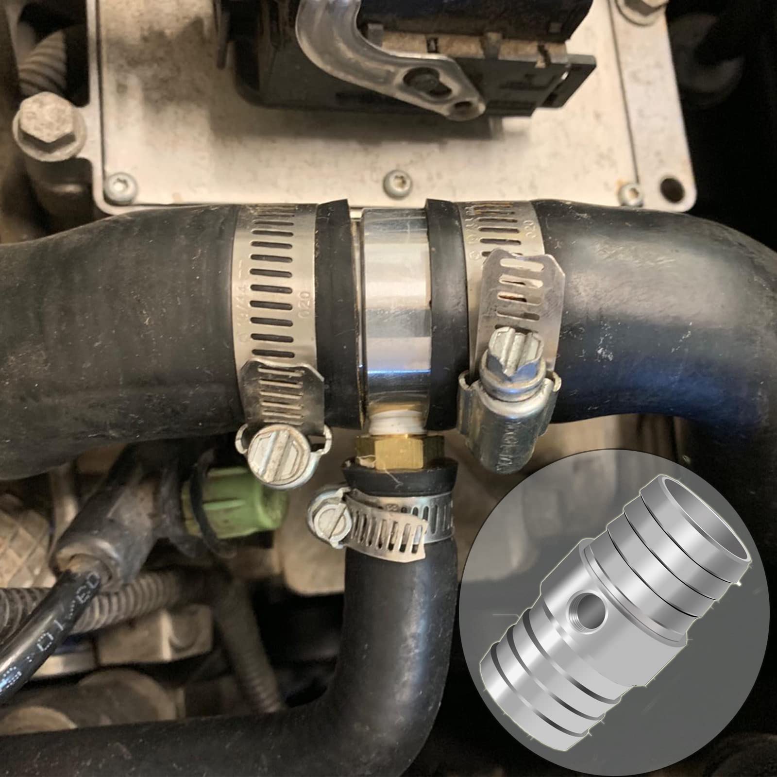 FANOVO 1 Radiator Hose Barb Coupler with 1/8 NPT Side Port - Aluminum Steam Tube Adapter Kit with 2 Stainless Steel Hose Clamps