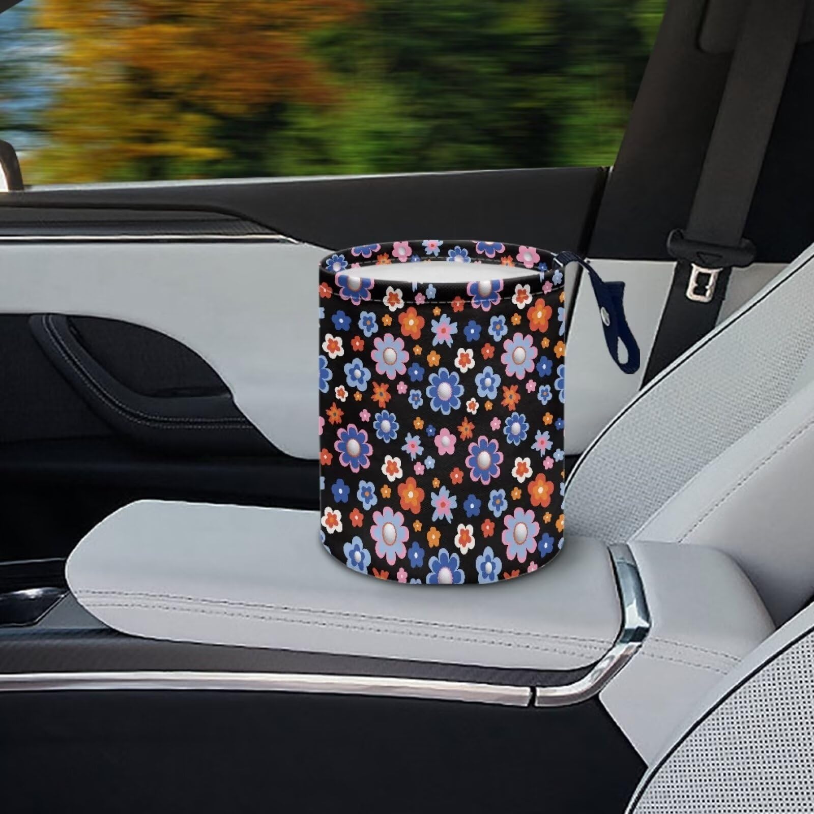 Brosoneto Groovy Hippie Flower Collapsible Trash Can for Cars, Family Gatherings, Camping - Easy to Clean Car Garbage Accessory