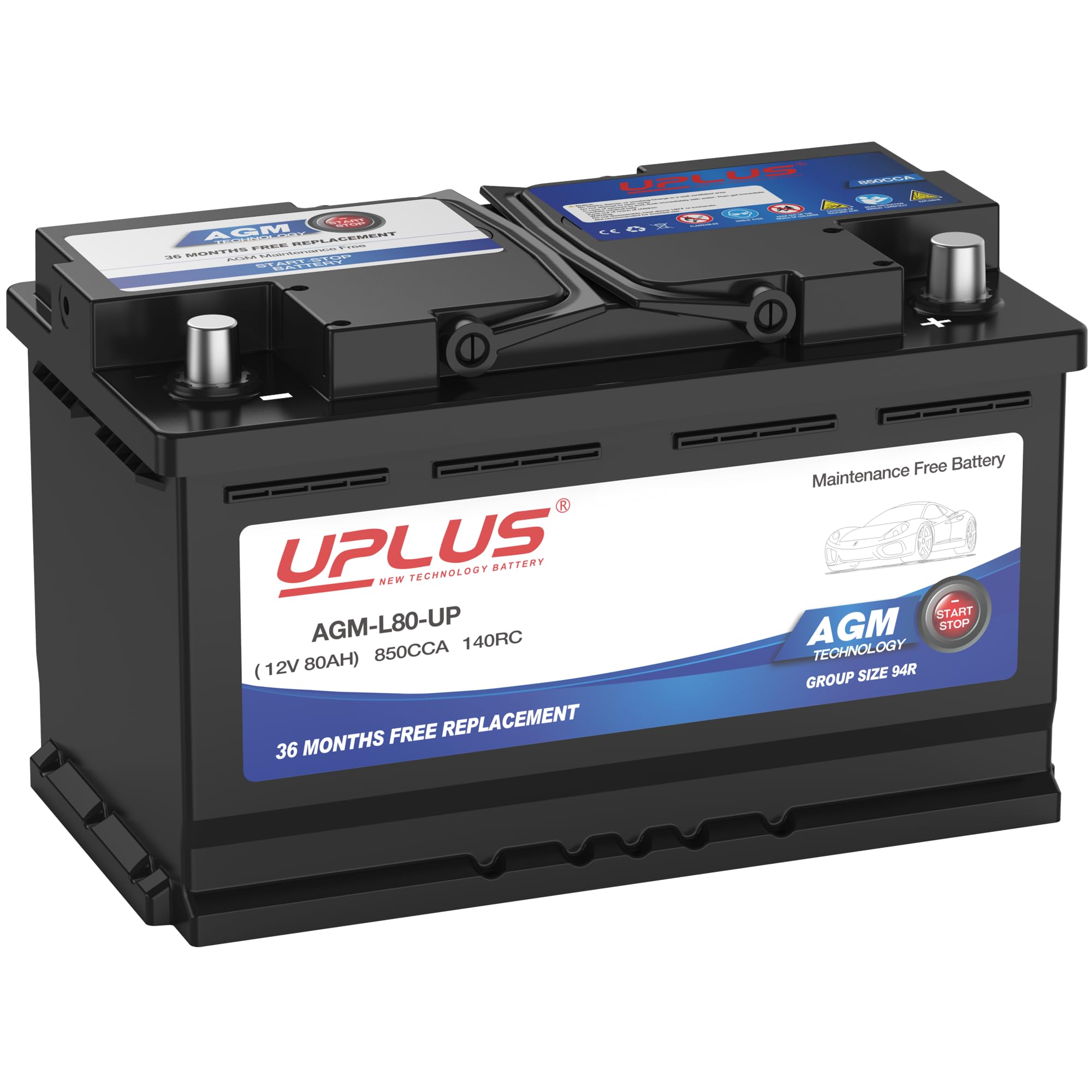 Uplus Bci Group 94R Car Battery, Agm-L80-Up Maintenance Free 12V 80Ah Premium Agm Batteries H7 L4 Automotive Battery, 850Cca, 14
