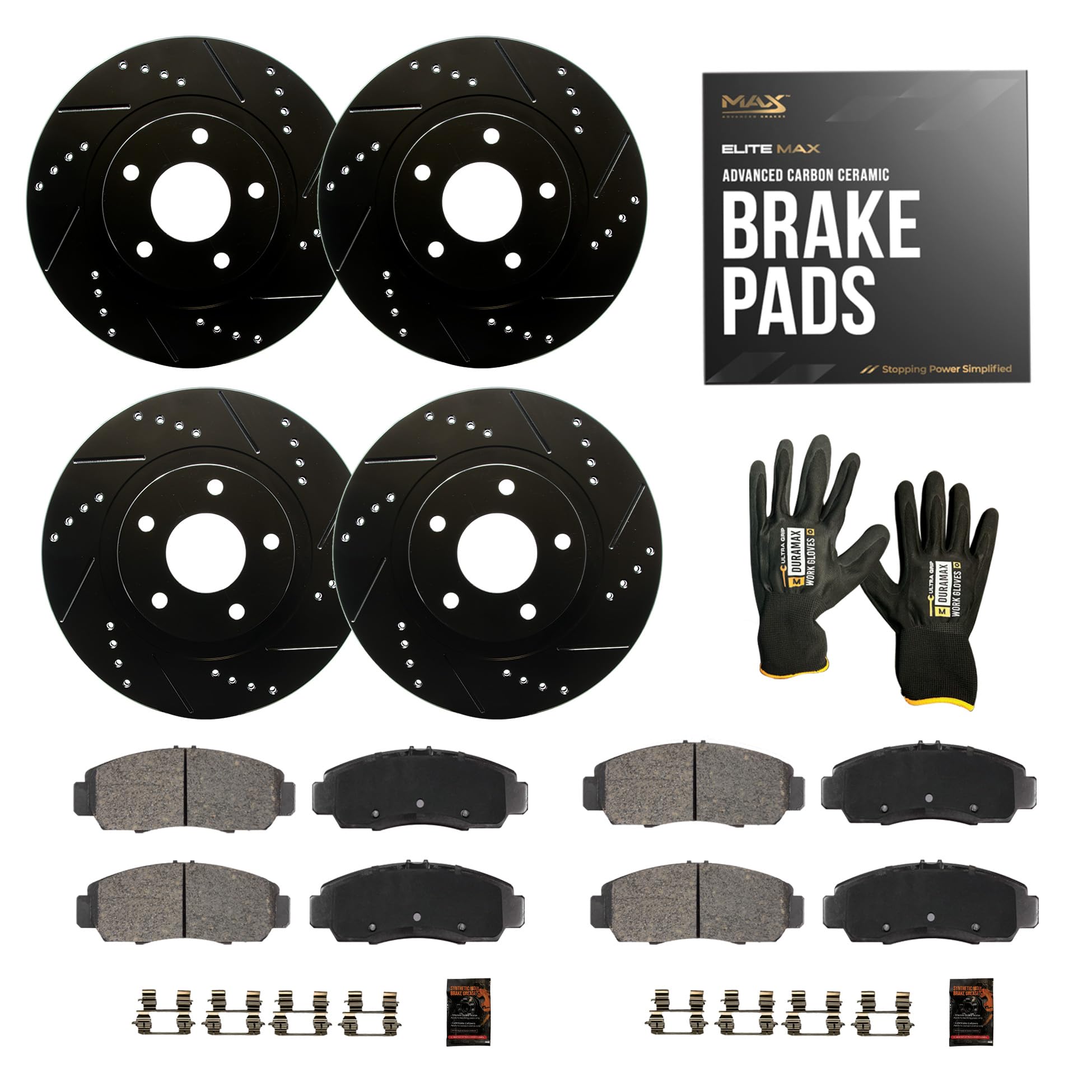 Max Advanced Brakes Front & Rear Brake Kit Compatible With 2019 Chevy Silverado 1500 Exc Electronic Parking Brake Replacement Drilled Slotted Black Coated Disc Brake Rotors And Ceramic Brake Pads