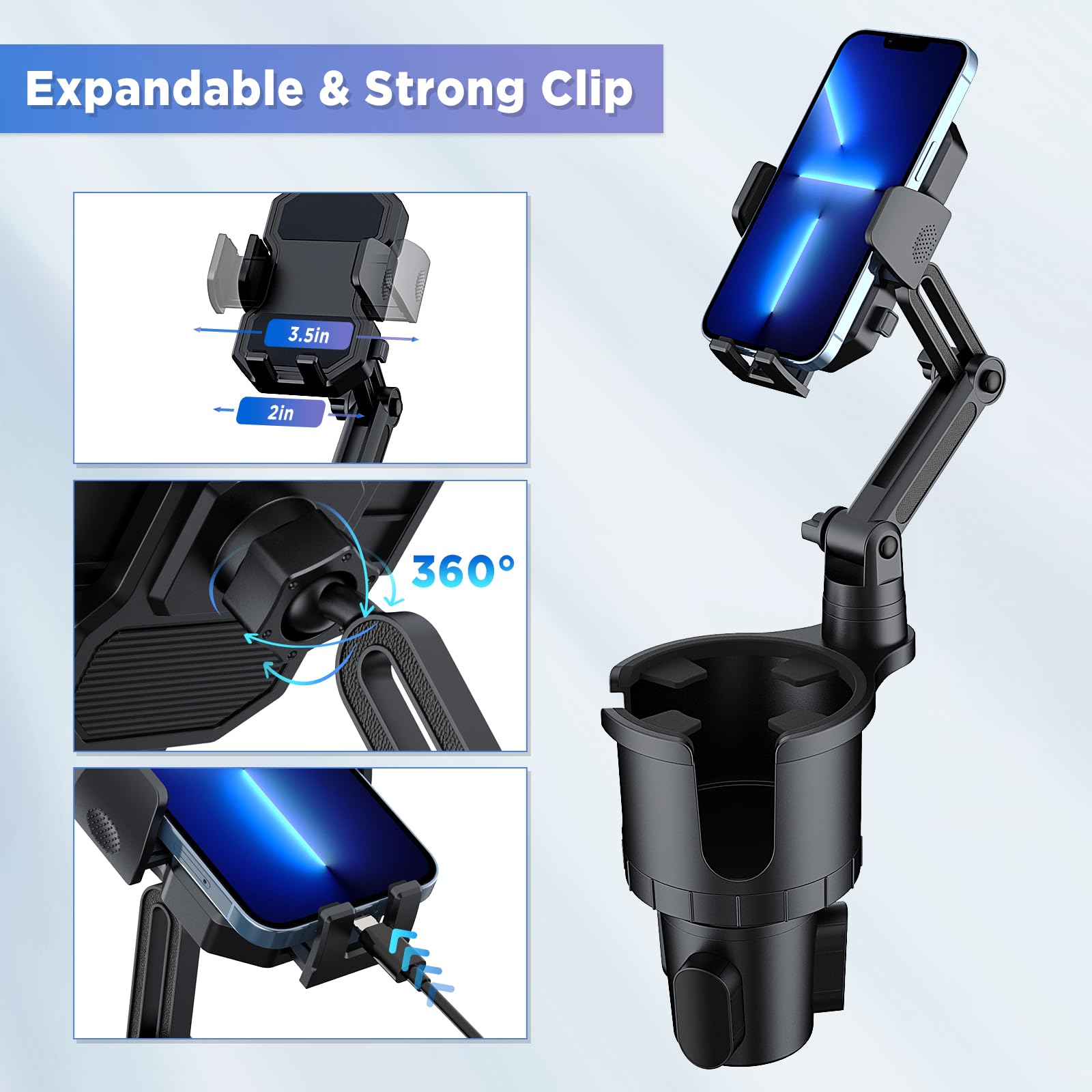 OUTXE Car Cup Holder Expander+Phone Mount, Adjustable Large Cupholder Extender Extra Expandable Drink Adapter Universal for Auto