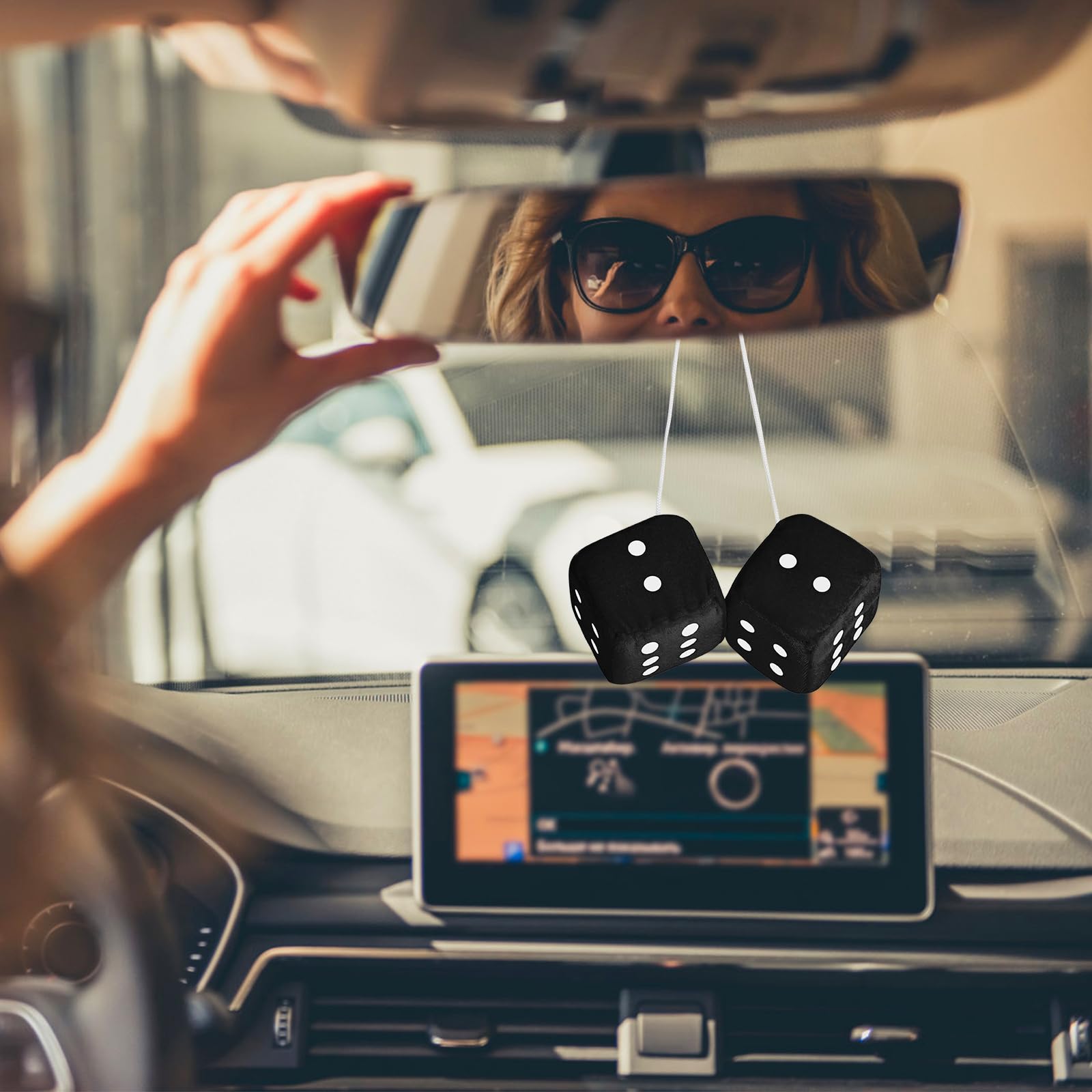Fuzzy Dice For Rear View Mirror, Black Fuzzy Dice For Car Mirror, 2.75Inch Pair Of Plush Retro Square Hanging Dice With White Dots Cute Car Decoration Ornament Accessories