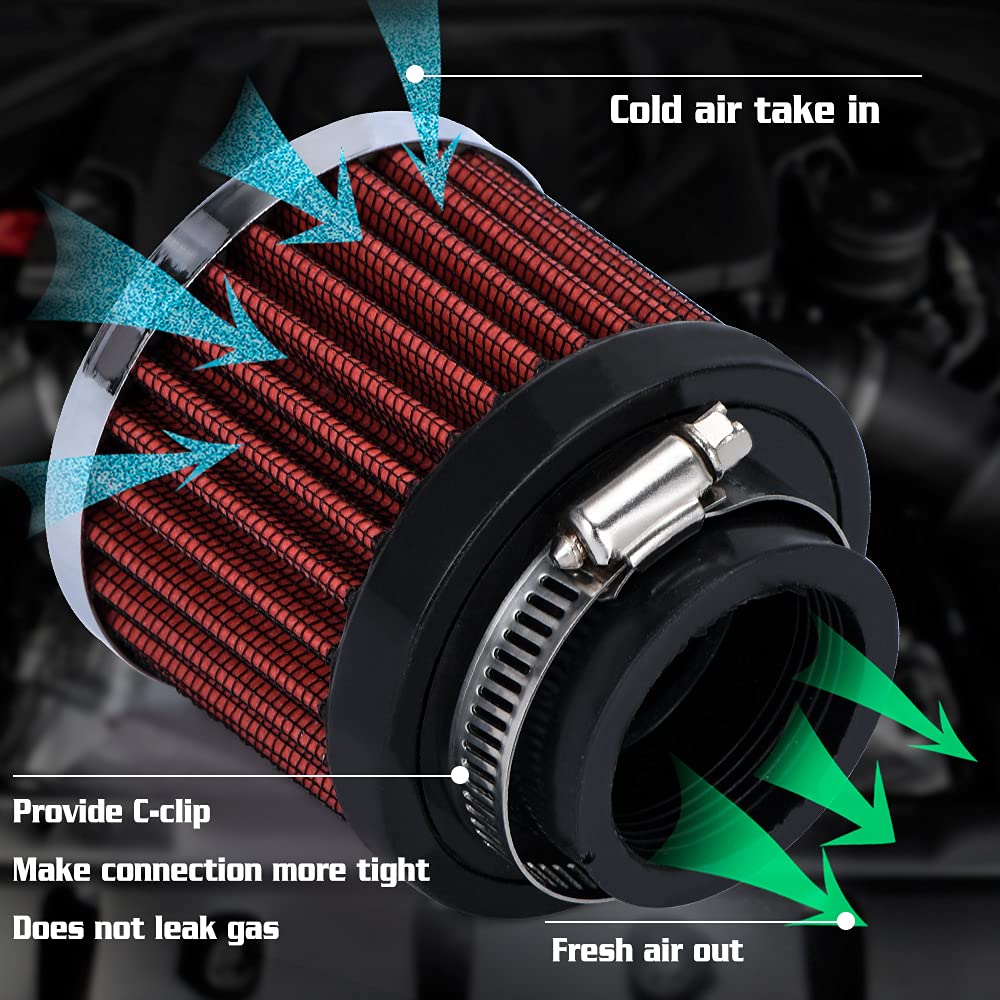 Ptnhz Universal Red Neck 1.5'' 38Mm Car High Flow Cold Air Intake Air Filter Power Intake Air Inlet System Air Cleaner