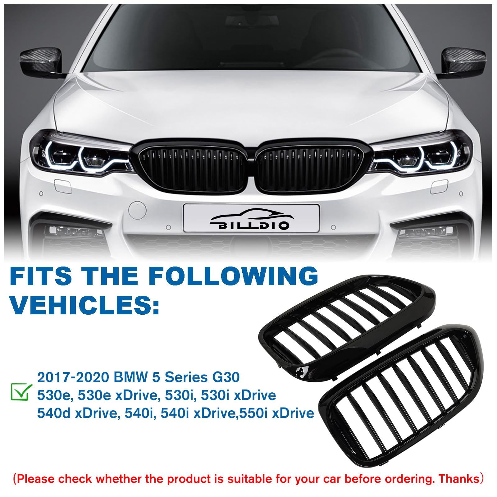 BILLDIO G30 Black Kidney Grill for BMW 5 Series 2017-2020, Single Slat, ABS Plastic, Gloss Black Finish