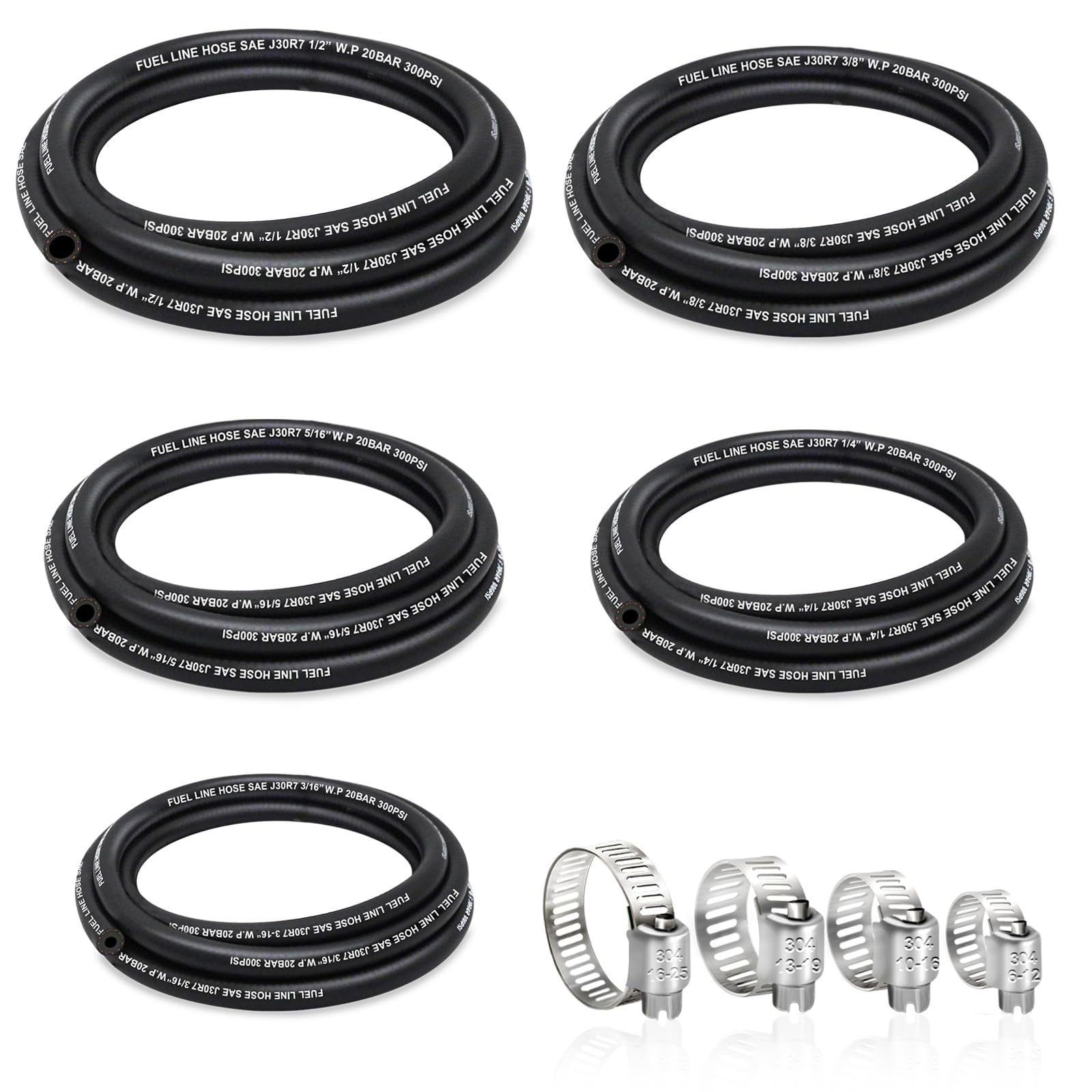 Housun Fuel Line 3/16 1/4 5/16 3/8 1/2 Inch Id, Fuel Hose 5Ft 300Psi High-Pressure With 20 Clamps., J30R7 Fuel Line Hose Nbr.