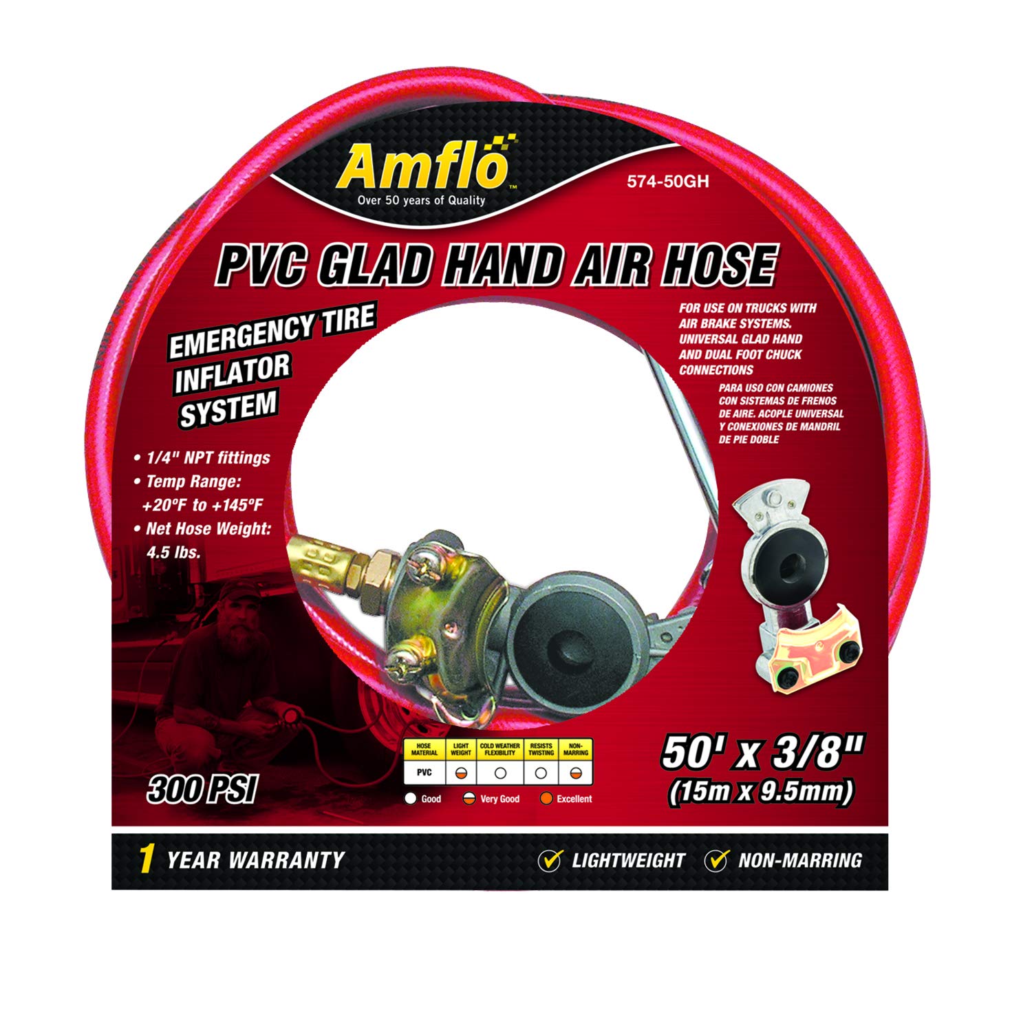 Amflo 574-50Gh 3/8'' X 50' Pvc Glad-Hand Air Hose
