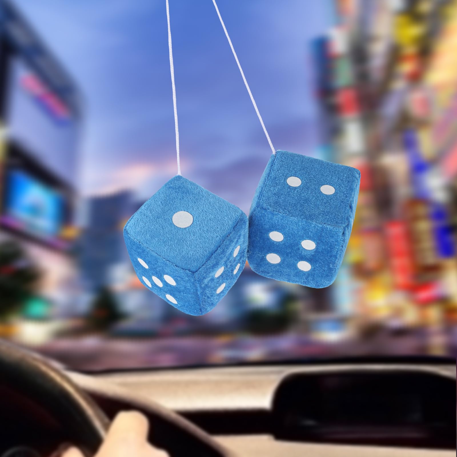 Fuzzy Dice For Rear View Mirror, Blue Fuzzy Dice For Car Mirror, 2.75Inch Pair Of Plush Retro Square Hanging Dice With White Dot
